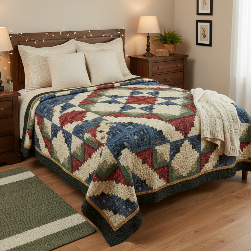 Nancy Rink Log Cabin Star quilt pattern with colorful geometric design on a white background