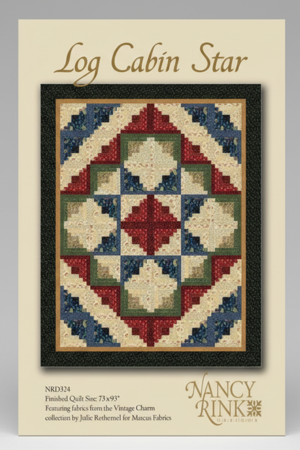 Nancy Rink Log Cabin Star quilt pattern with colorful geometric design on a beige background