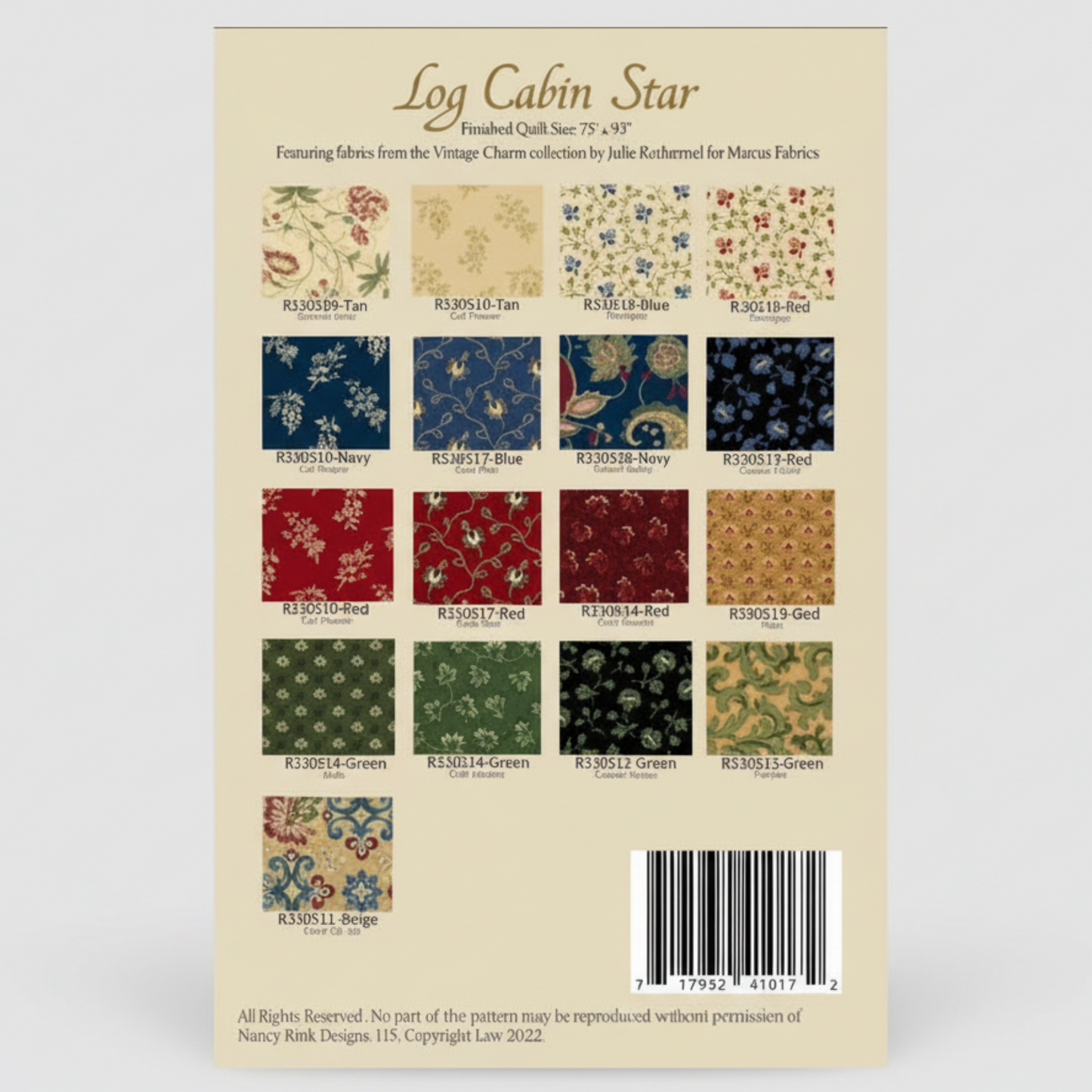 Fabric swatch book with Log Cabin Star pattern on a beige background