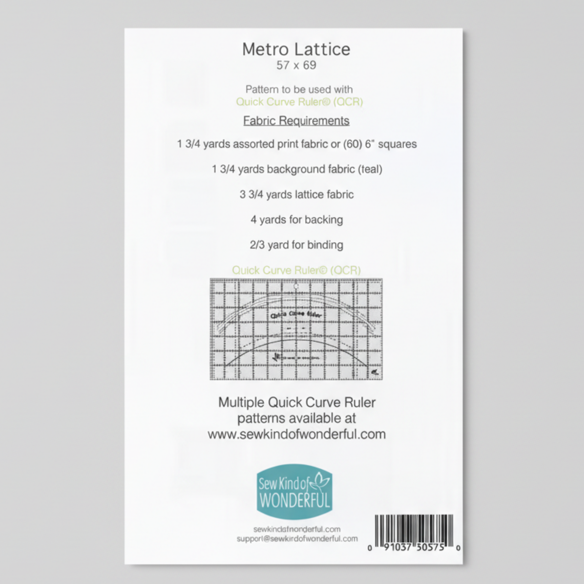 Fabric pattern requirements for 'Metro Lattice' with sewing guide on a white background