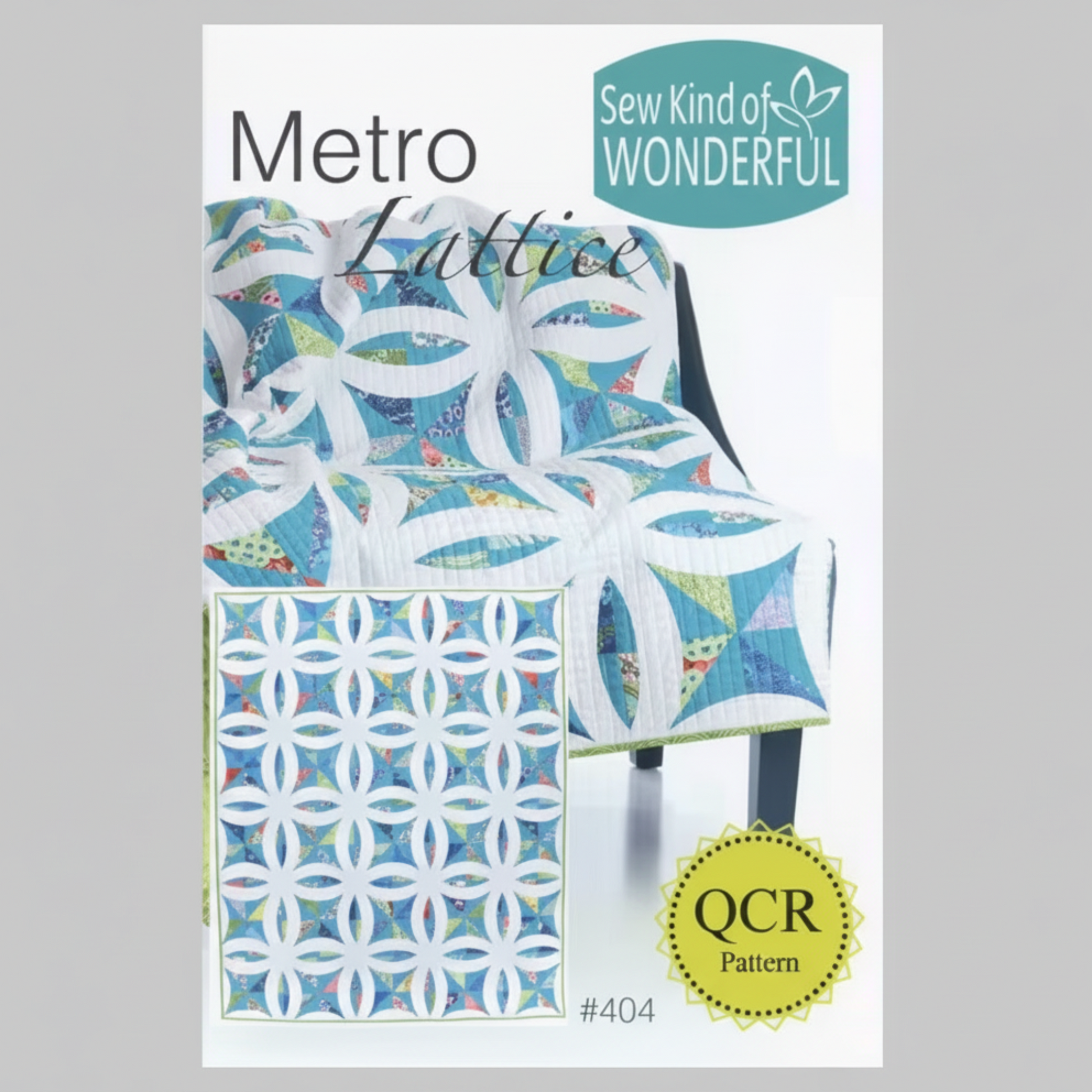Quilt pattern packaging with 'Metro Lattice' design and 'Sew Kind of Wonderful' branding.