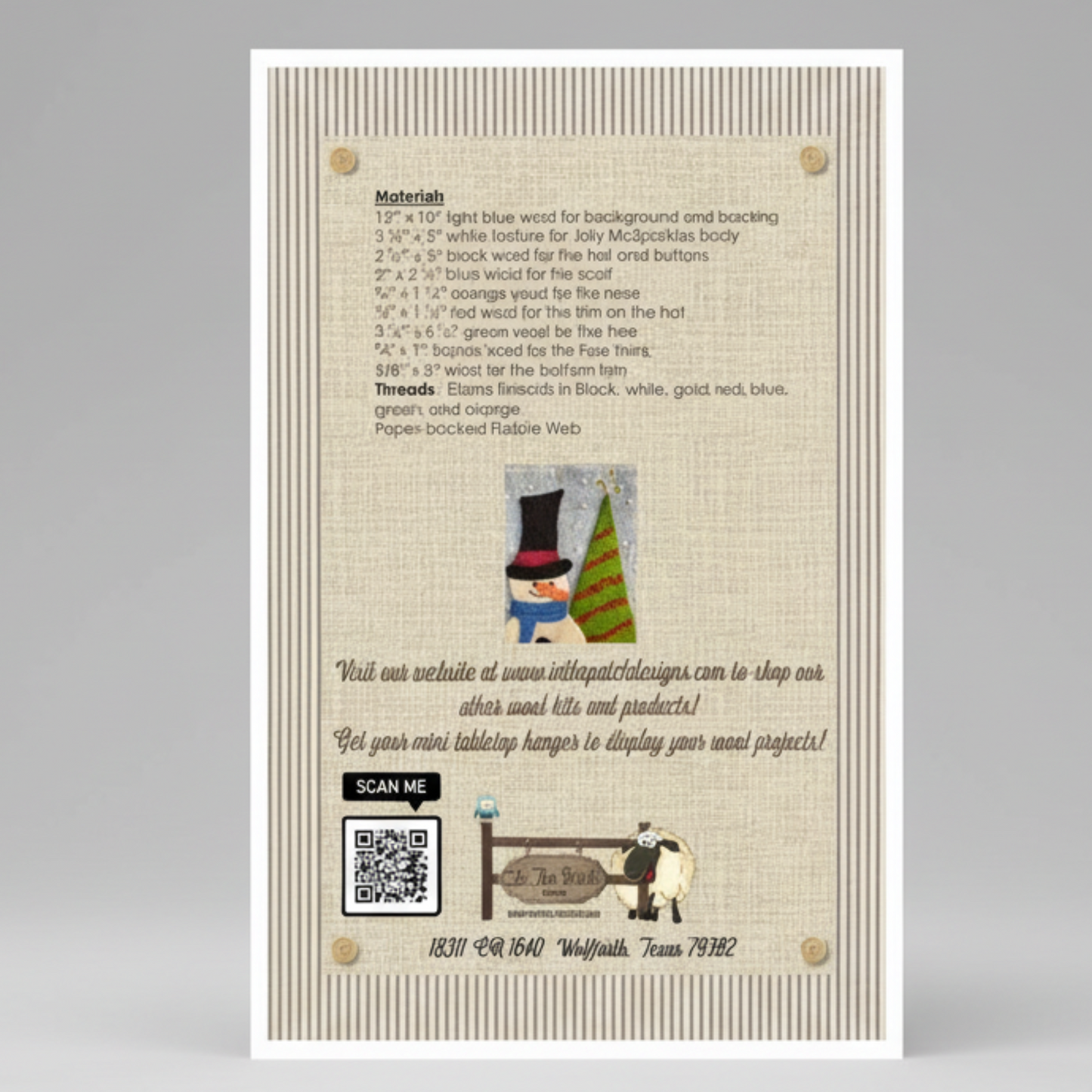 Textile design with patterns and text on a textured background