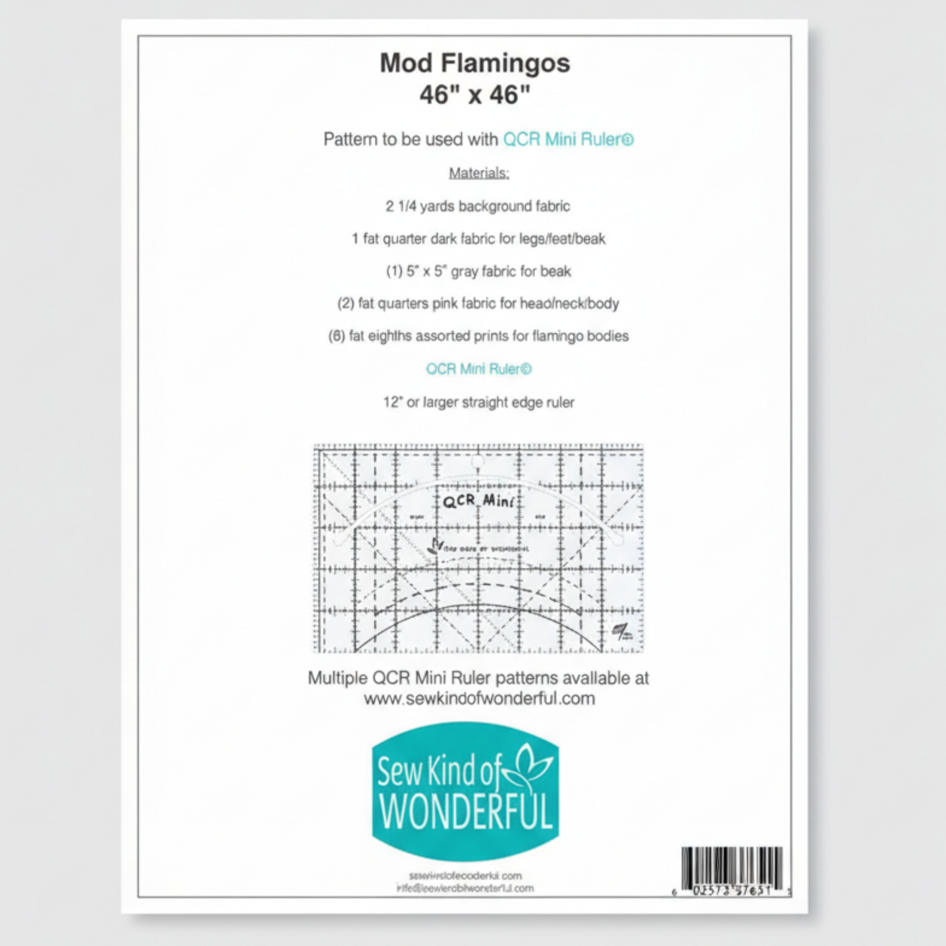 Pattern sheet for 'Mod Flamingos' with fabric requirements and ruler illustration, featuring 'Sew Kind of Wonderful' branding.