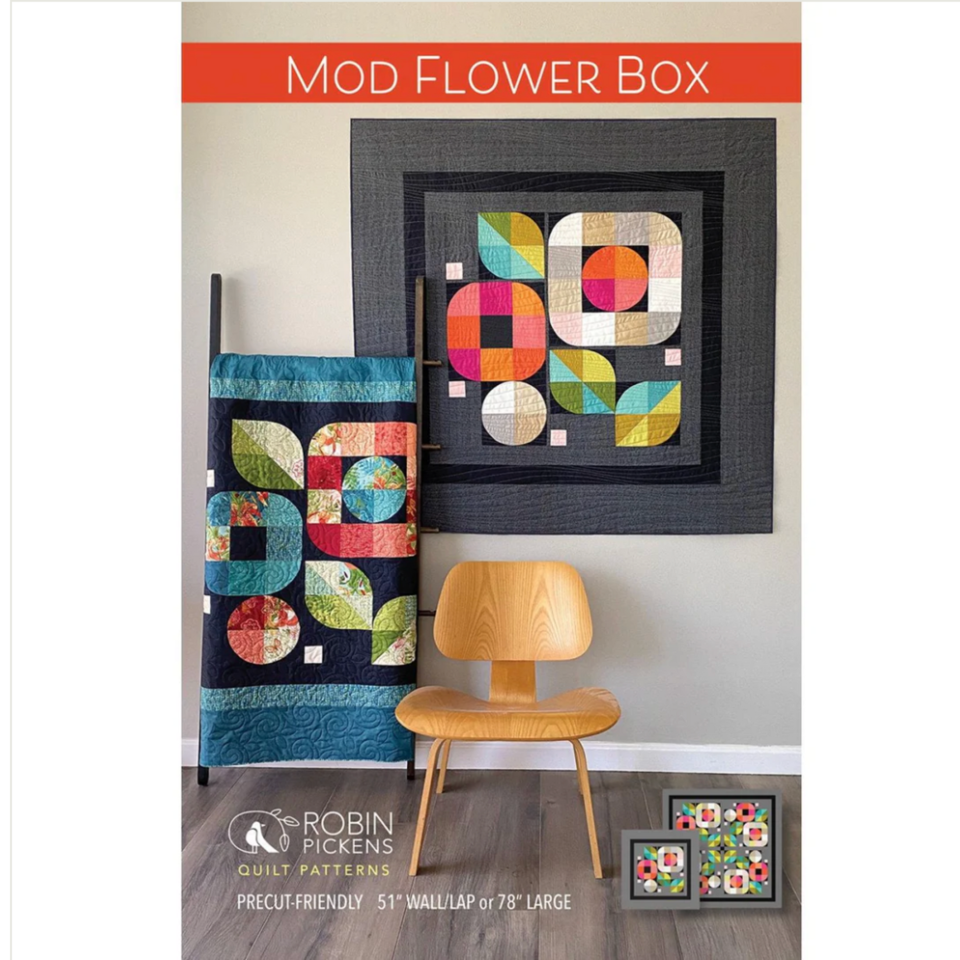 Robin Pickens quilt pattern packaging with a chair and wall art