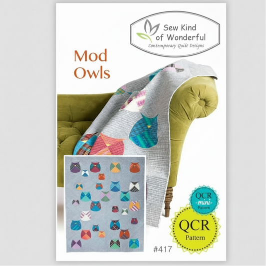 Quilt pattern book titled 'Mod Owls' by Sew Kind of Wonderful on a white background.