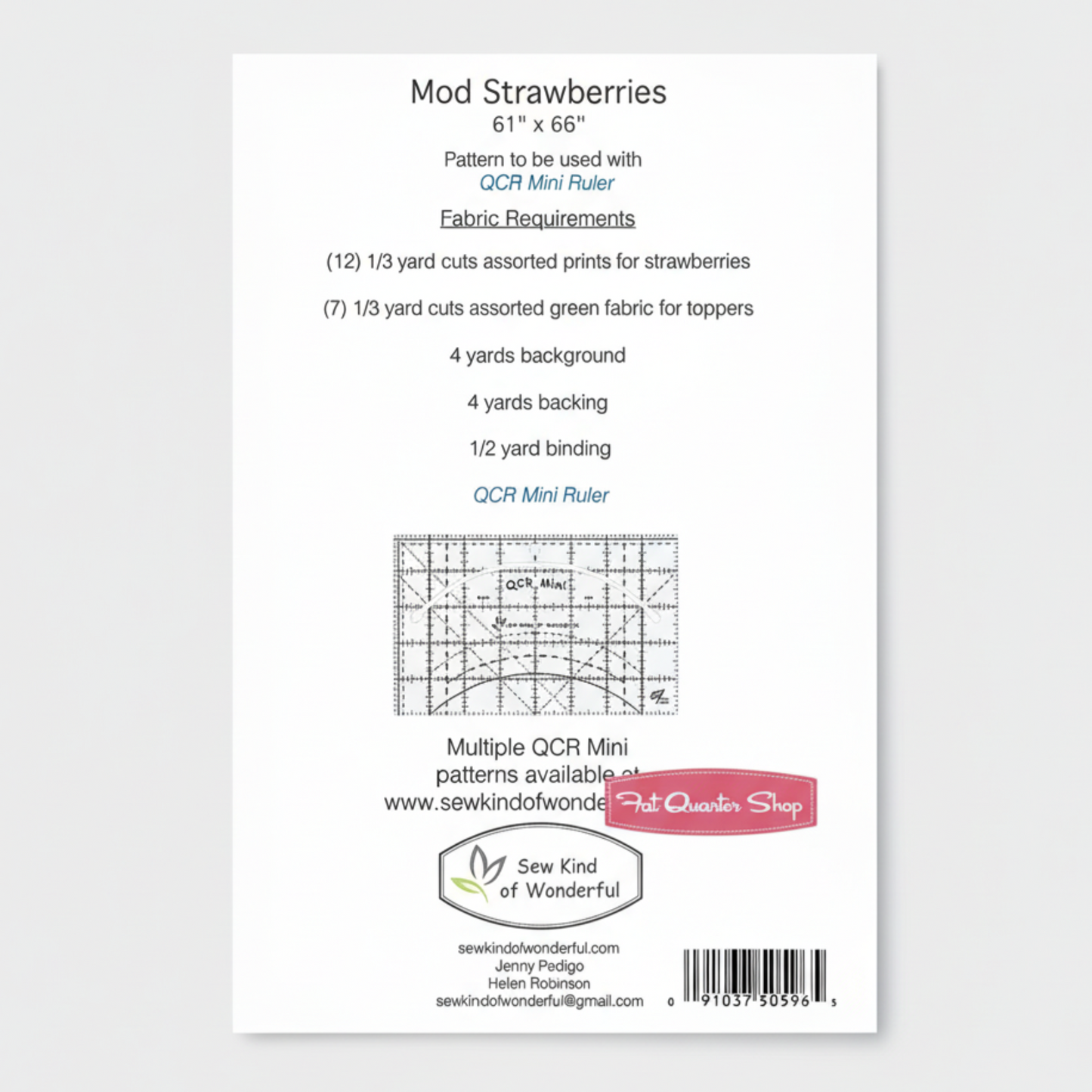 Fabric pattern requirements for 'Mod Strawberries' with a ruler illustration and Sew Kind of Wonderful branding.