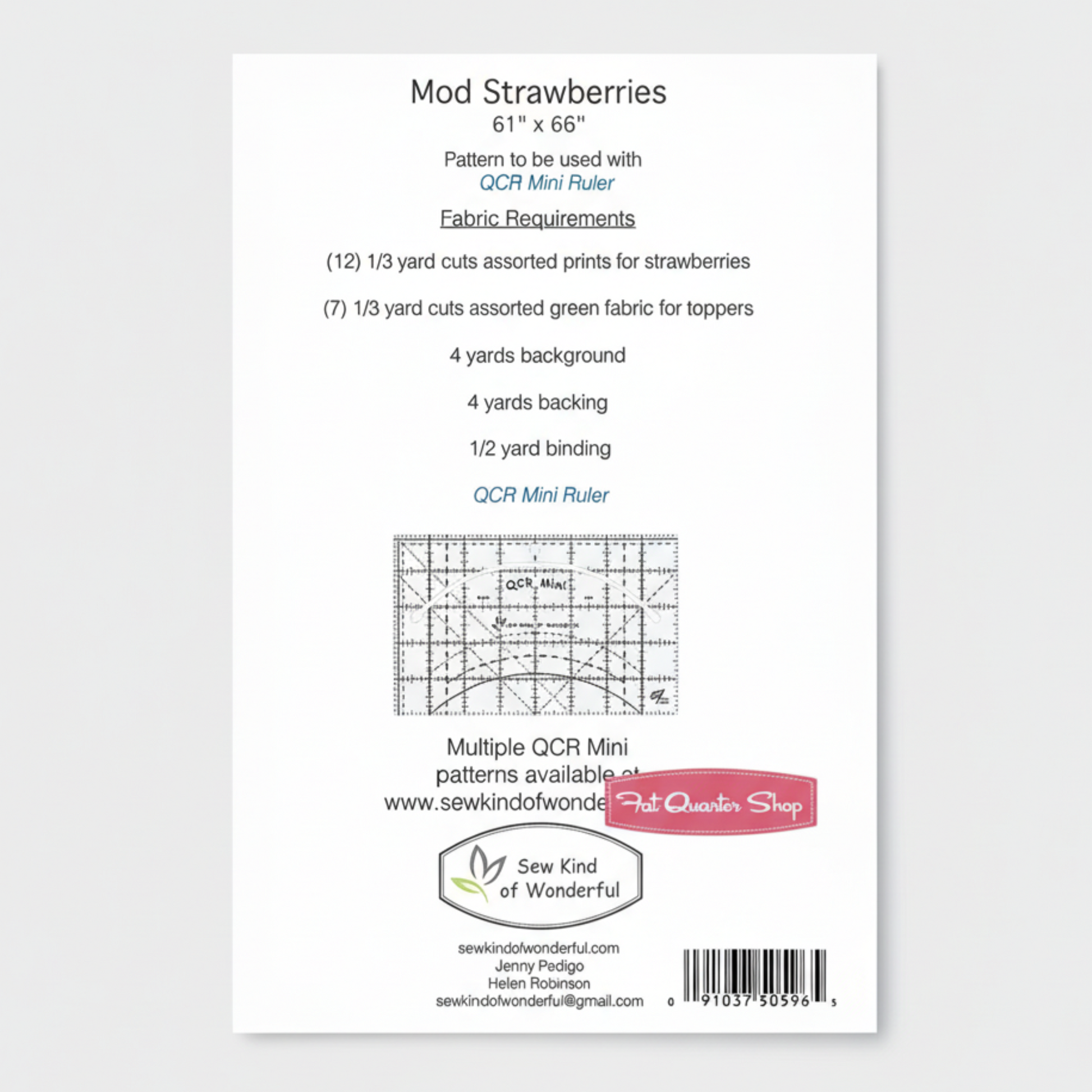 Fabric pattern requirements for 'Mod Strawberries' with a ruler illustration and Sew Kind of Wonderful branding.