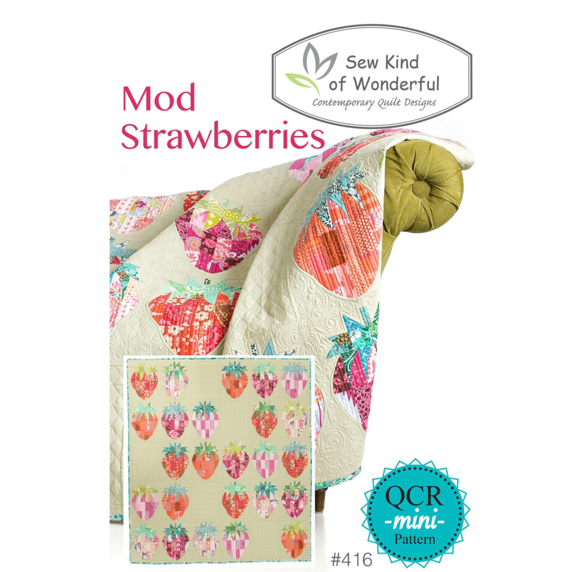 Quilt with strawberry pattern and 'Sew Kind of Wonderful' branding