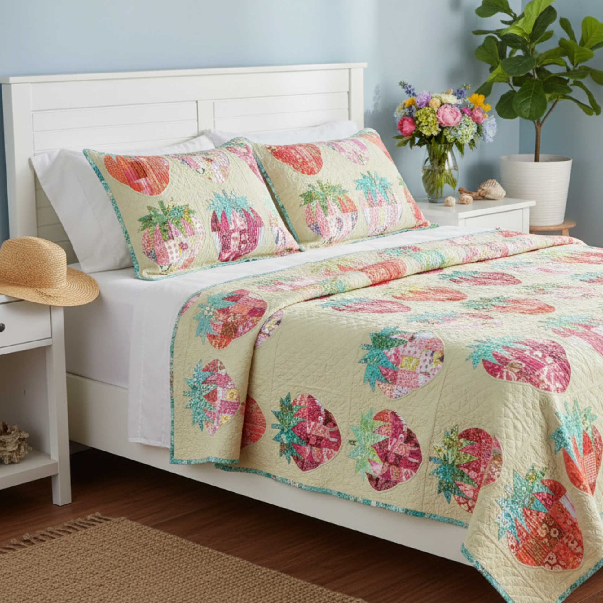 Bedroom with a floral quilt and pillows on a bed.