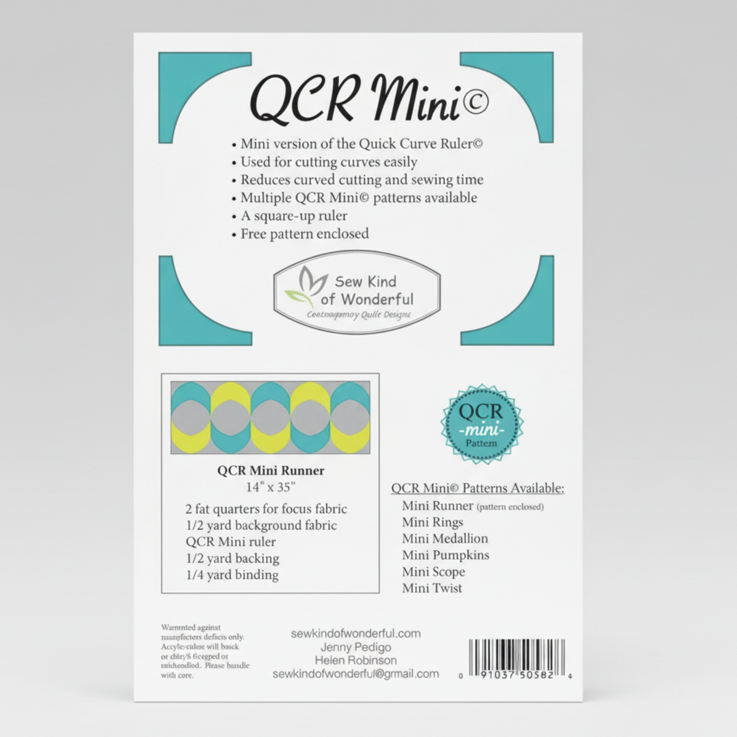 Package of QCR Mini ruler with branding and product details on a white background