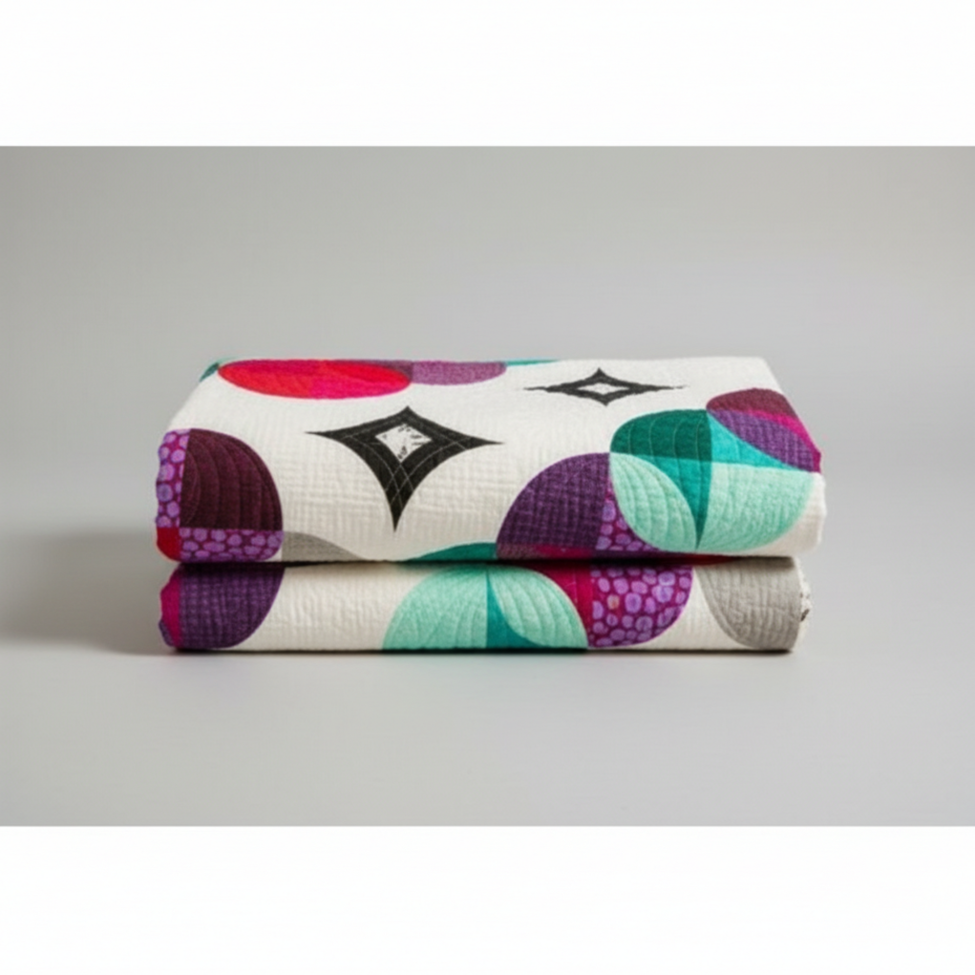 Folded quilt with colorful geometric pattern on a gray background