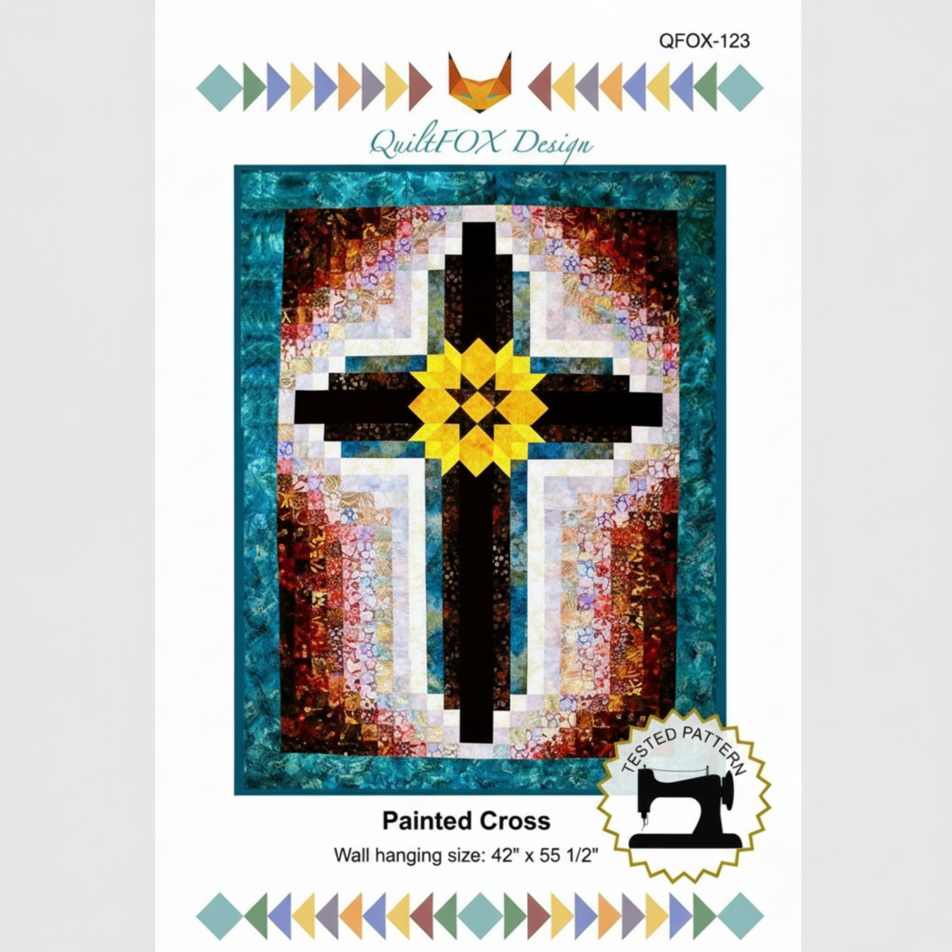 Quilt pattern cover for 'Painted Cross' by QuiltFOX Design with sewing machine icon and size information.