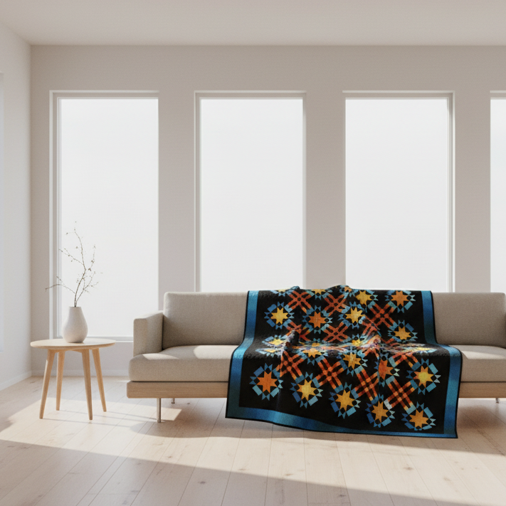 Decorative quilt with geometric pattern draped over a sofa in a modern living room.