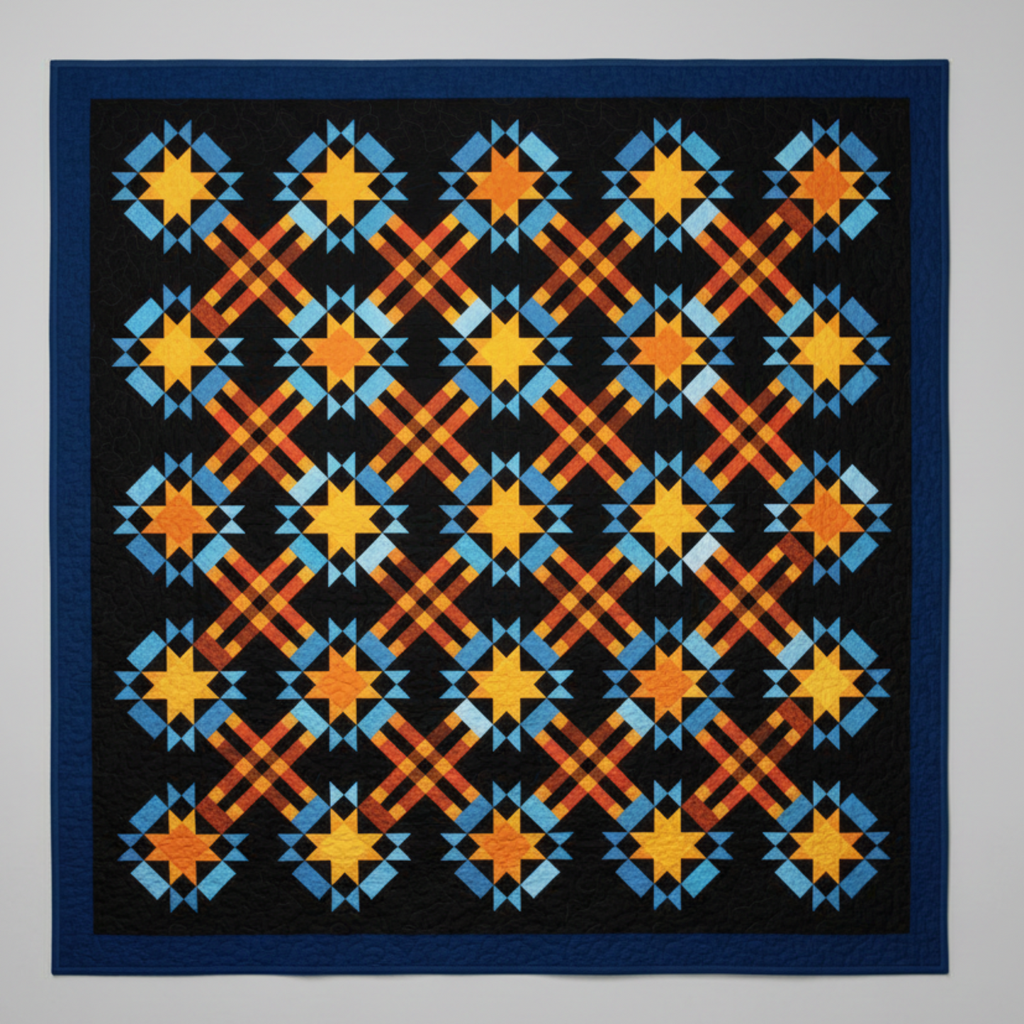 Colorful quilt with geometric pattern on a gray background