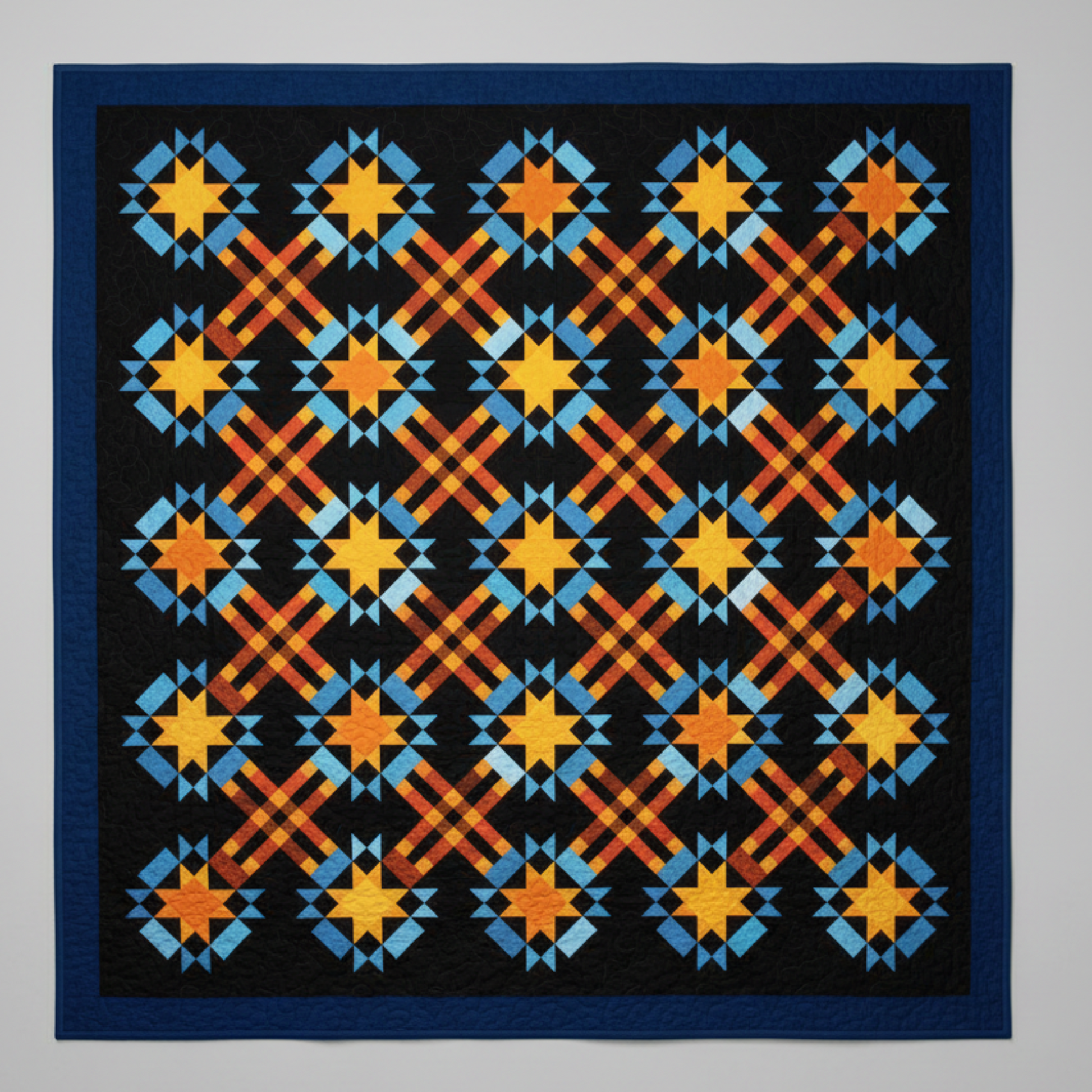 Colorful quilt with geometric pattern on a gray background