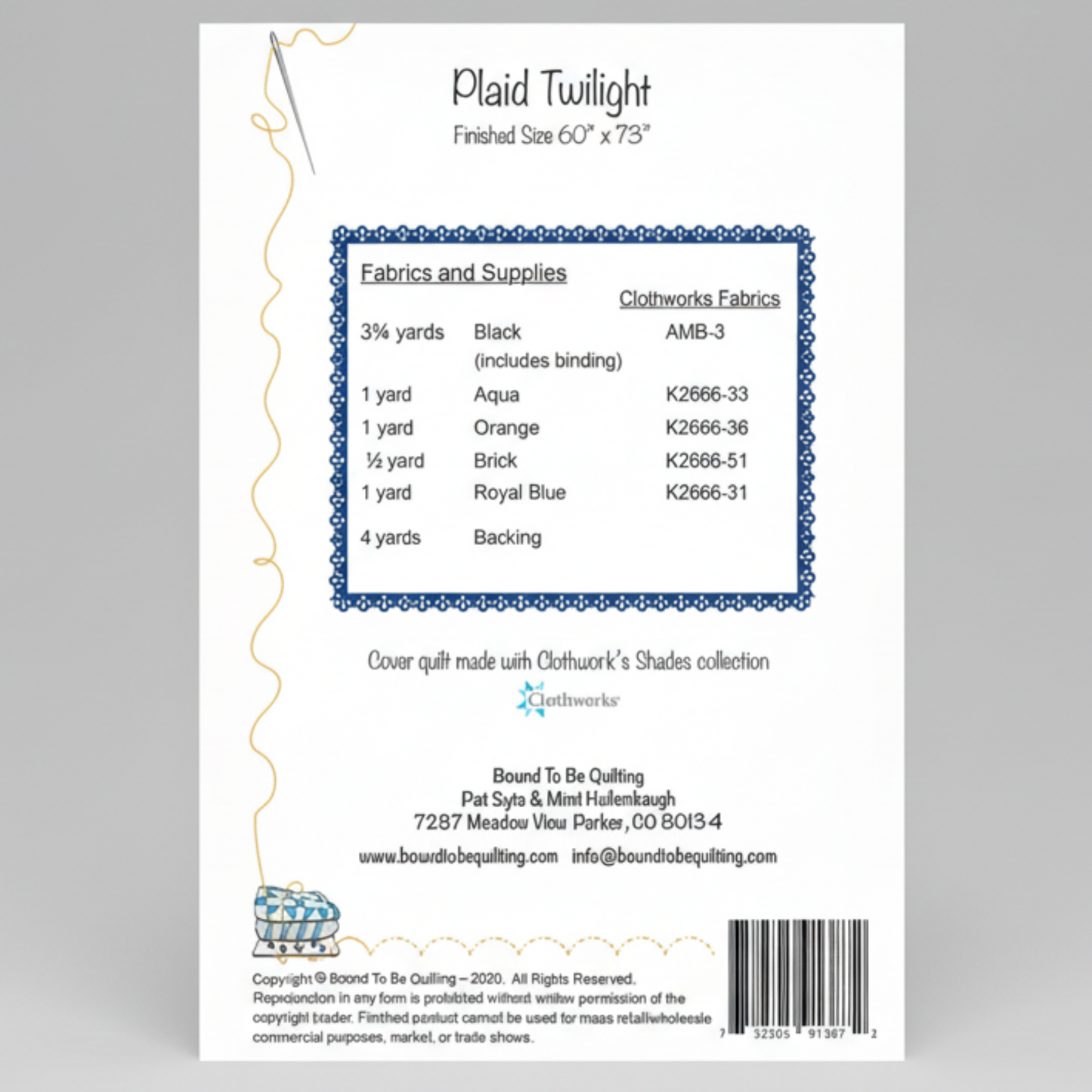 Fabric requirement label for a quilt project with Plaid Twilight design.