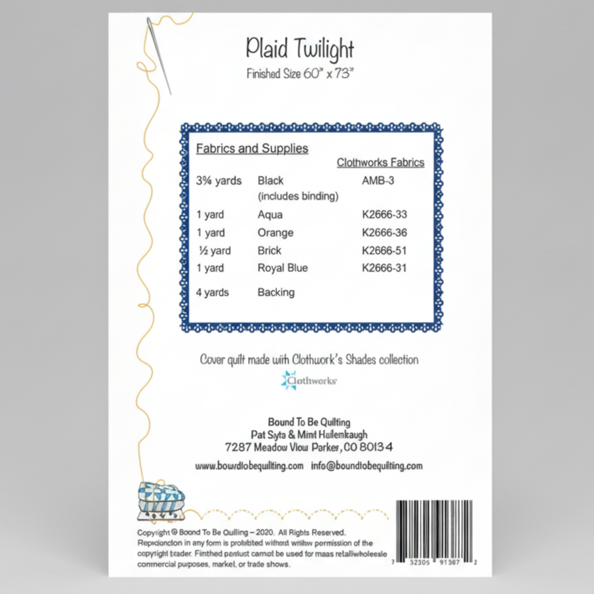Fabric requirement label for a quilt project with Plaid Twilight design.