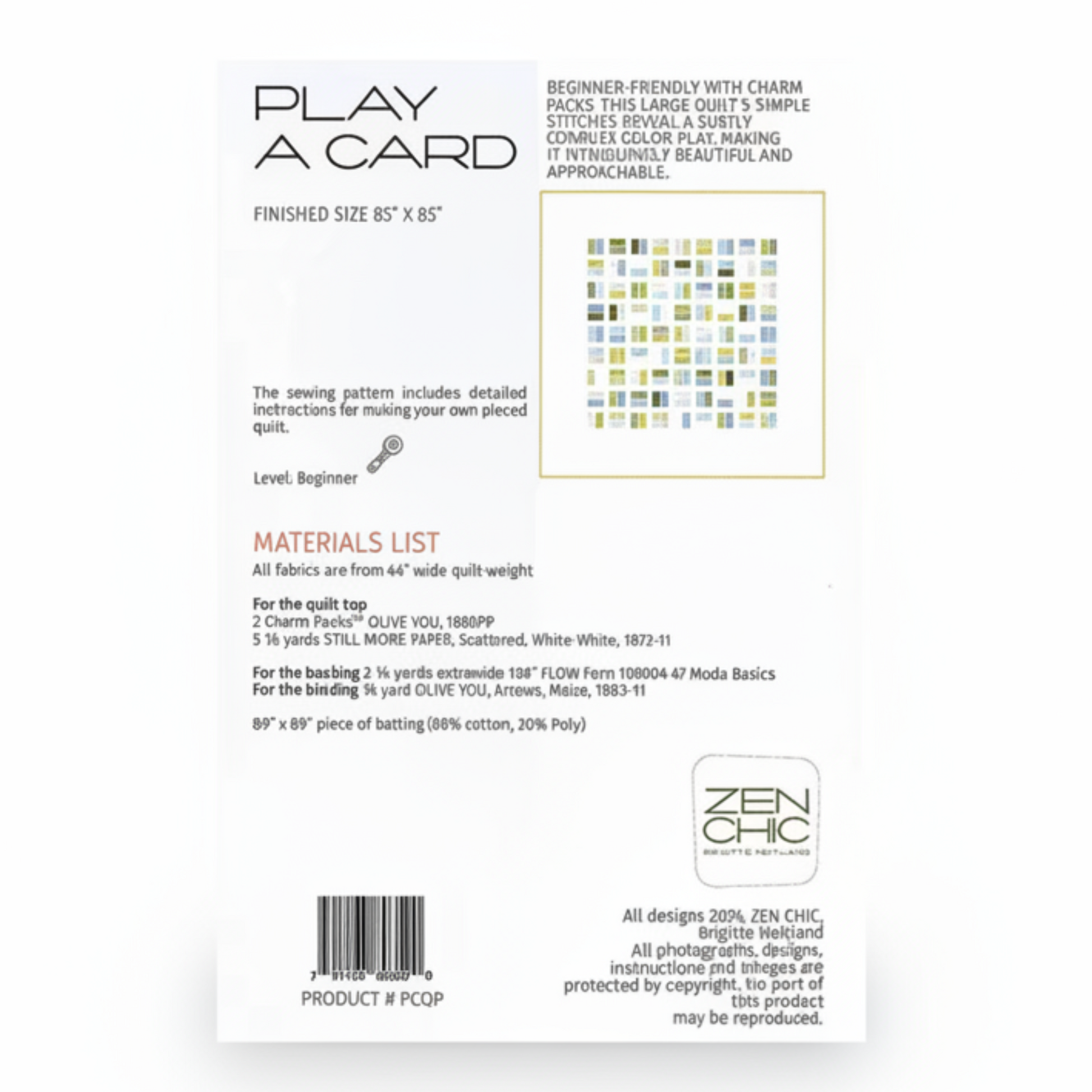 Quilt pattern card with text and design on a white background