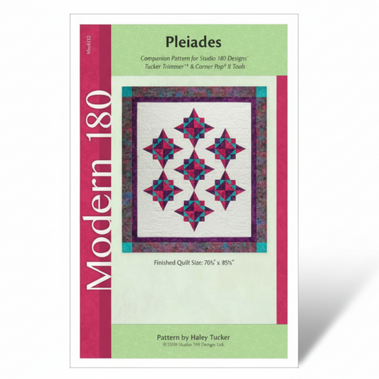 Quilt pattern book titled 'Pleiades' by Modern 180 with a star design on the cover.