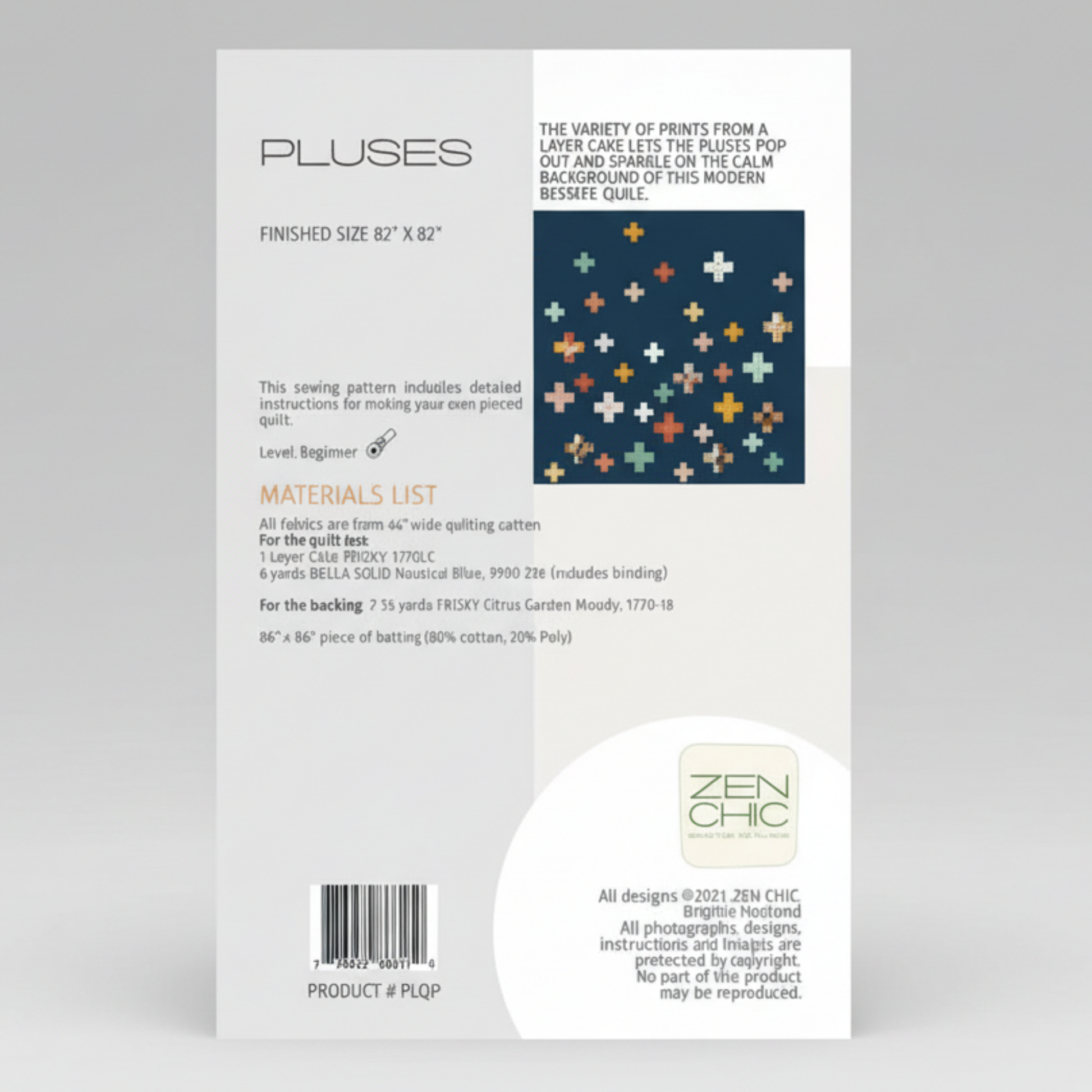 Package of Pluses quilt pattern by Zen Chic with quilt design and text on a white background