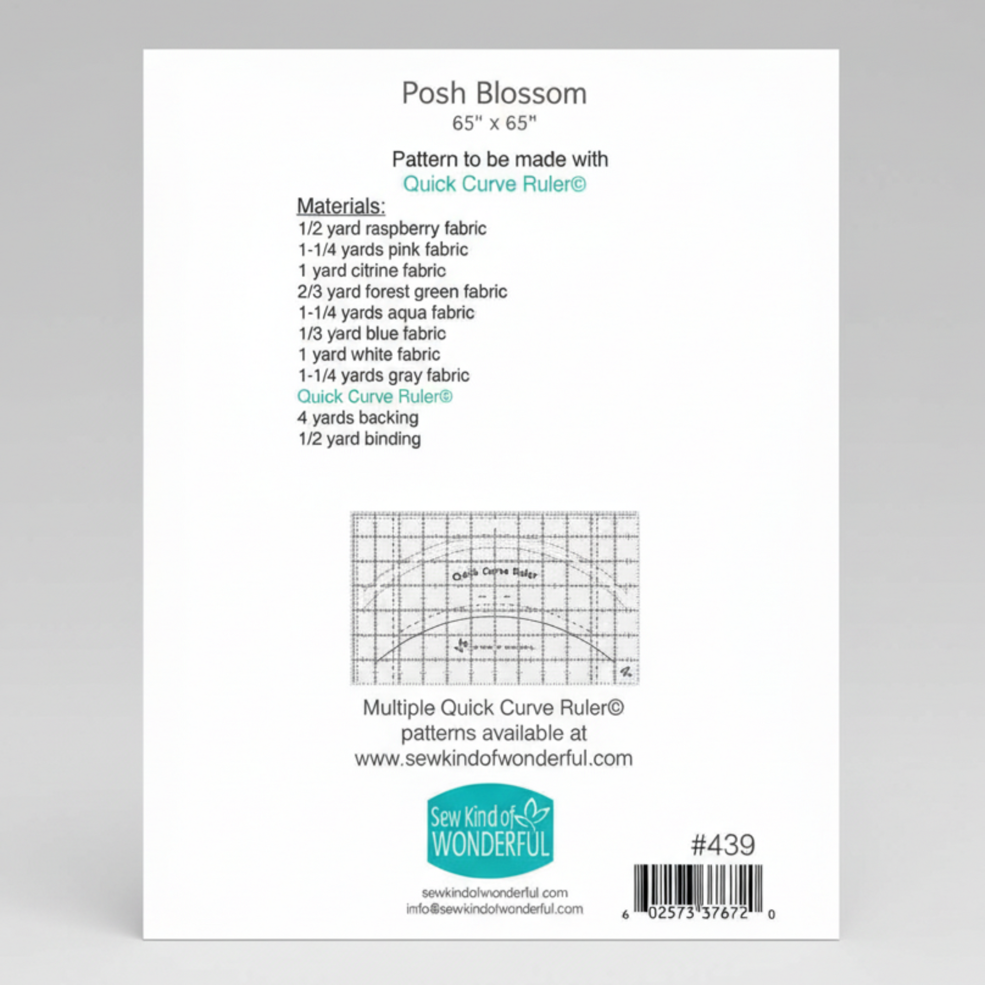 Fabric pattern label with material requirements and ruler illustration on a white background