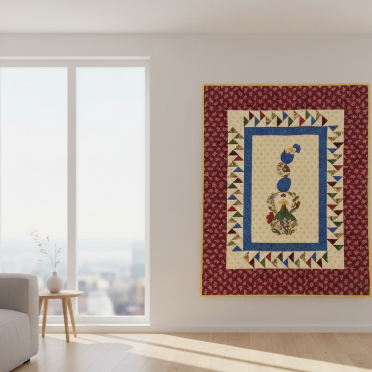 Quilt with geometric design on a wall in a room with a window and sofa.