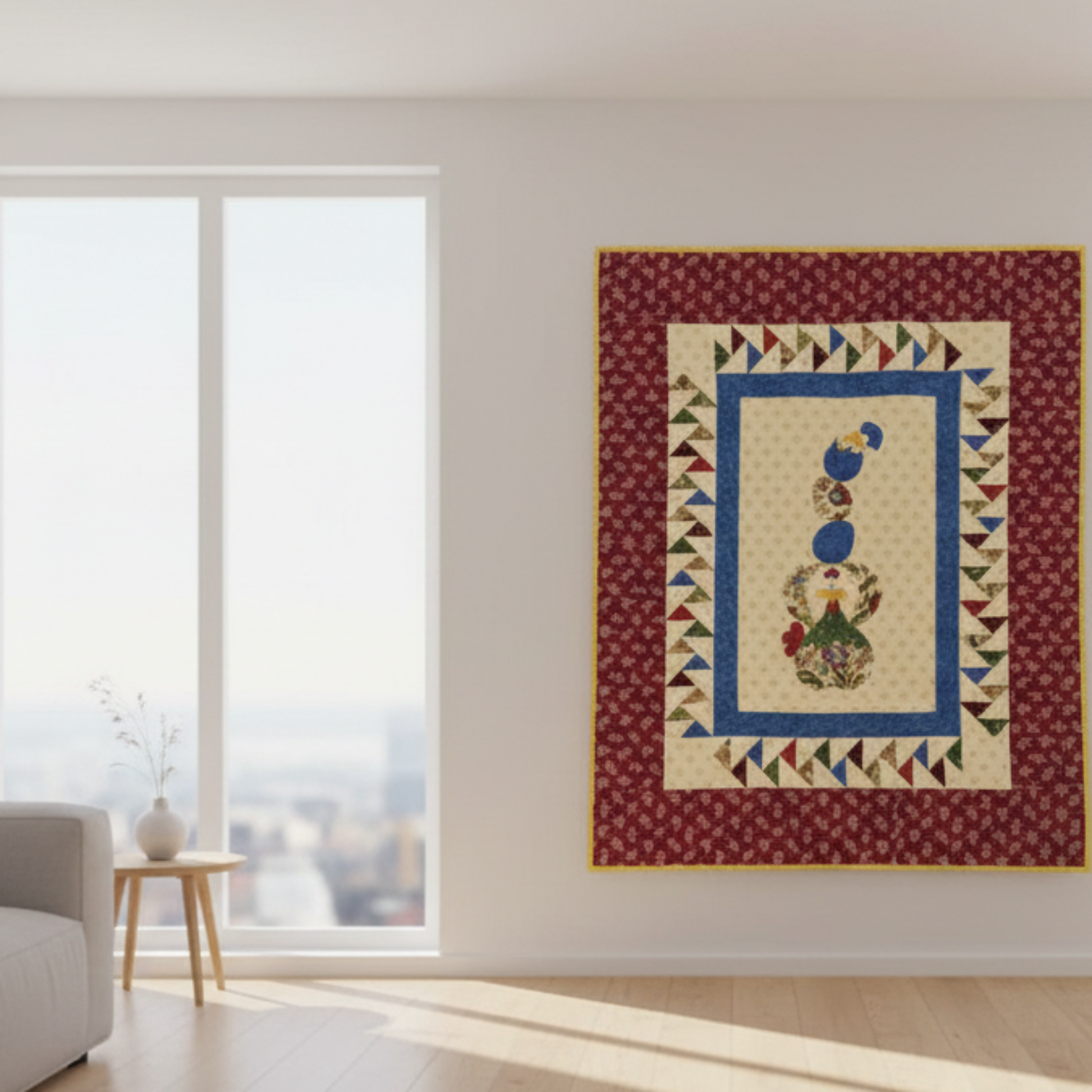 Quilt with geometric design on a wall in a room with a window and sofa.