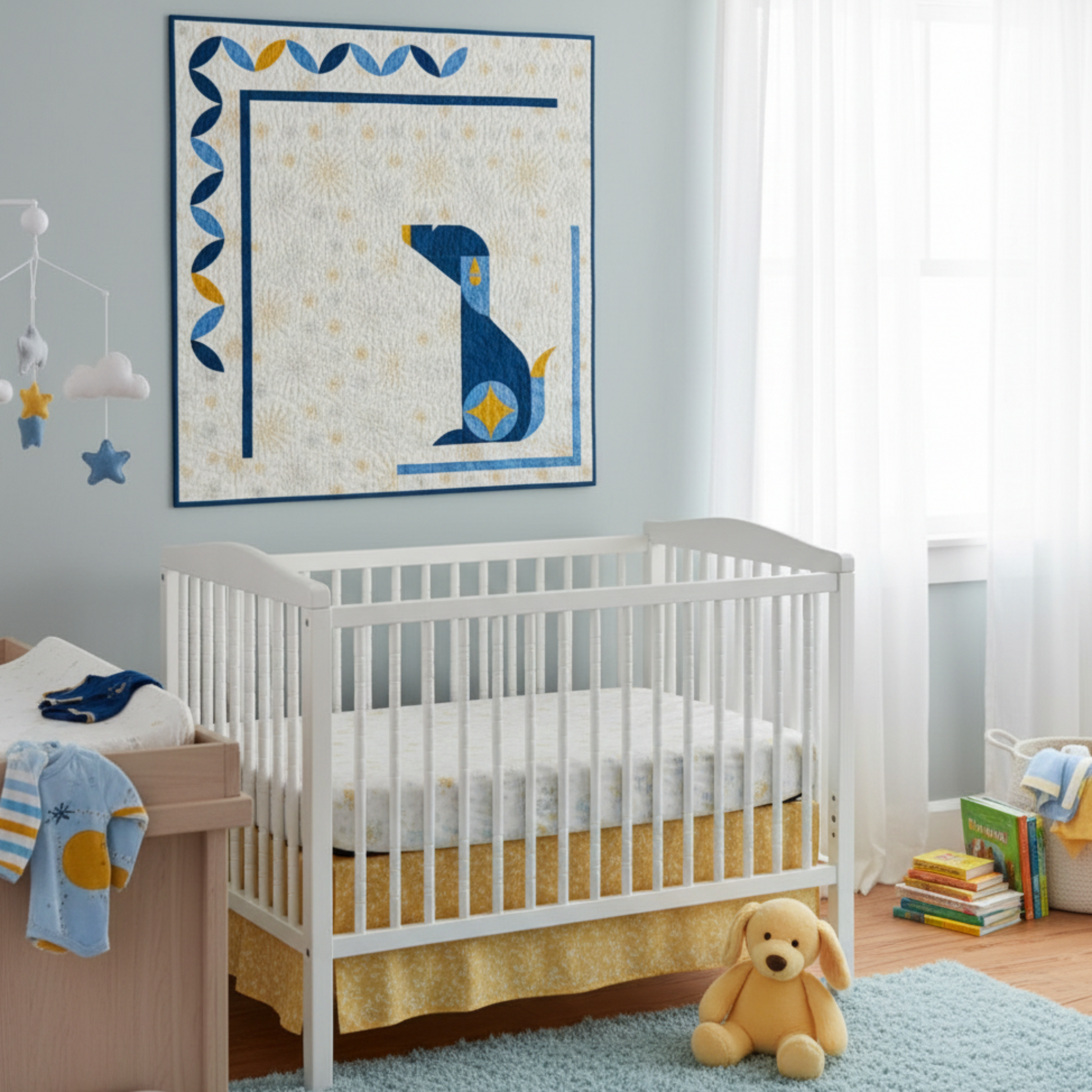 Quilt with a blue puppy design in baby room