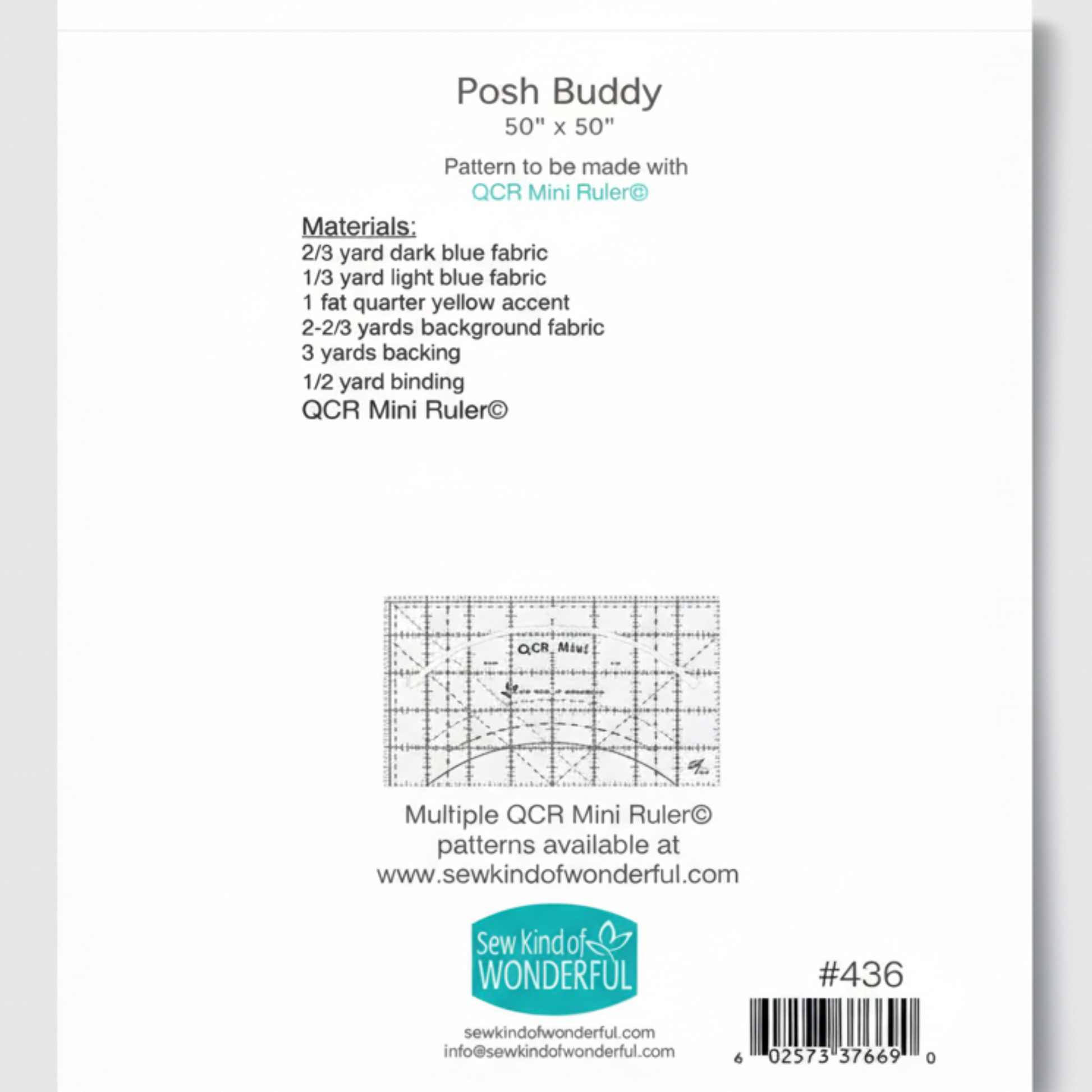 Pattern for a quilt block named 'Posh Buddy' with fabric requirements and QR Mini Ruler illustration.