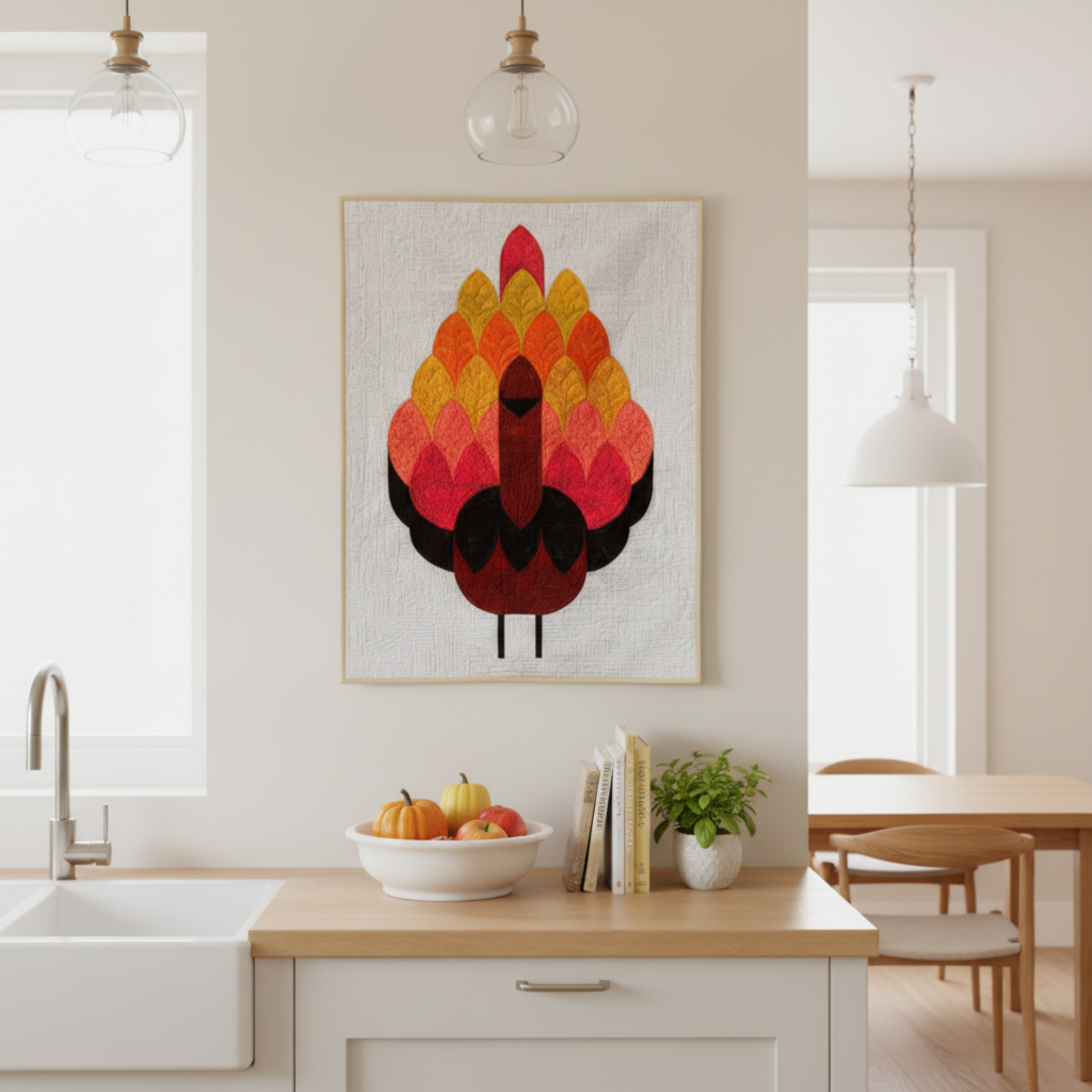 Framed quilt with a colorful abstract design of Gobbler on a KItchen wall
