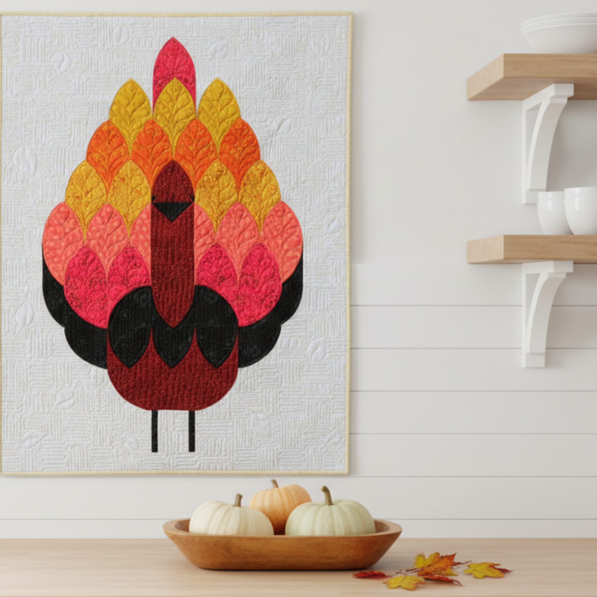 Quilted artwork of a stylized flame with red, orange, yellow, and black colors on a textured white background.