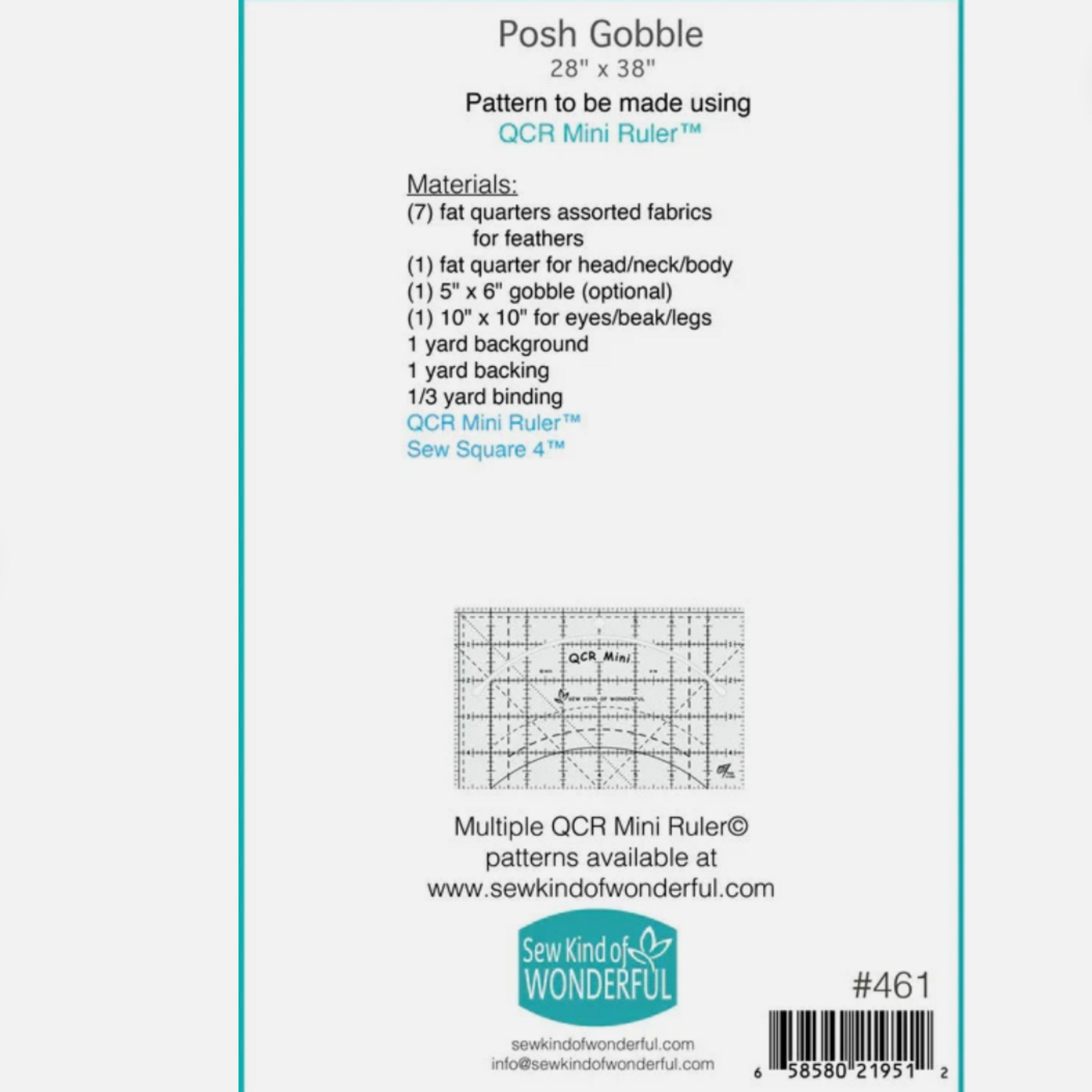 Pattern packaging for 'Posh Gobble' with fabric requirements and QR Mini Ruler details.