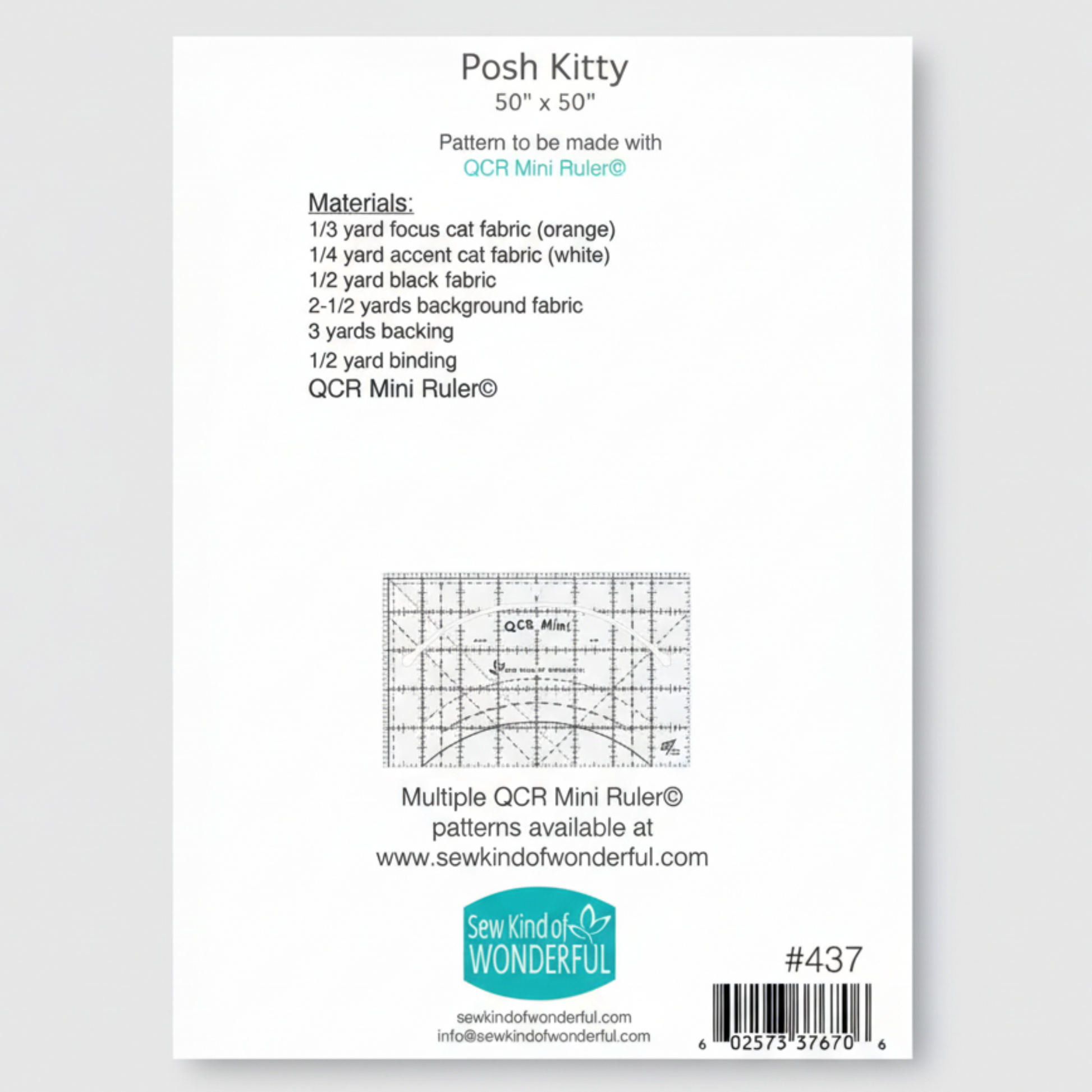 Fabric pattern label for 'Posh Kitty' with material requirements and QCR Mini Ruler details.