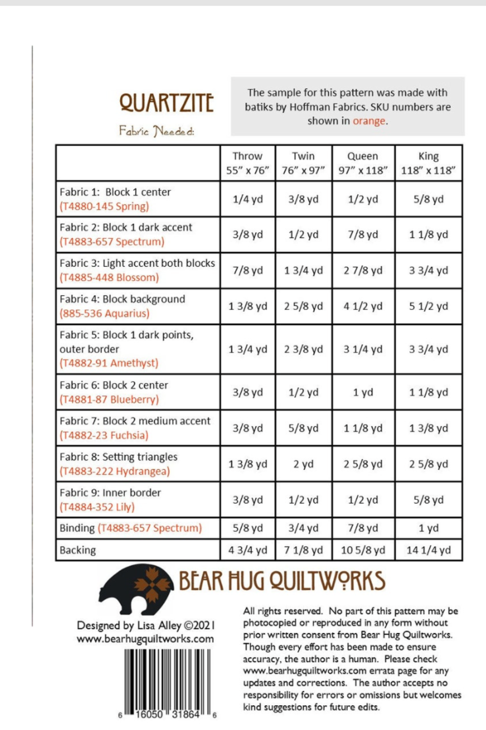 Fabric yardage chart for a quilt pattern by Bear Mug Quiltworx on a white background
