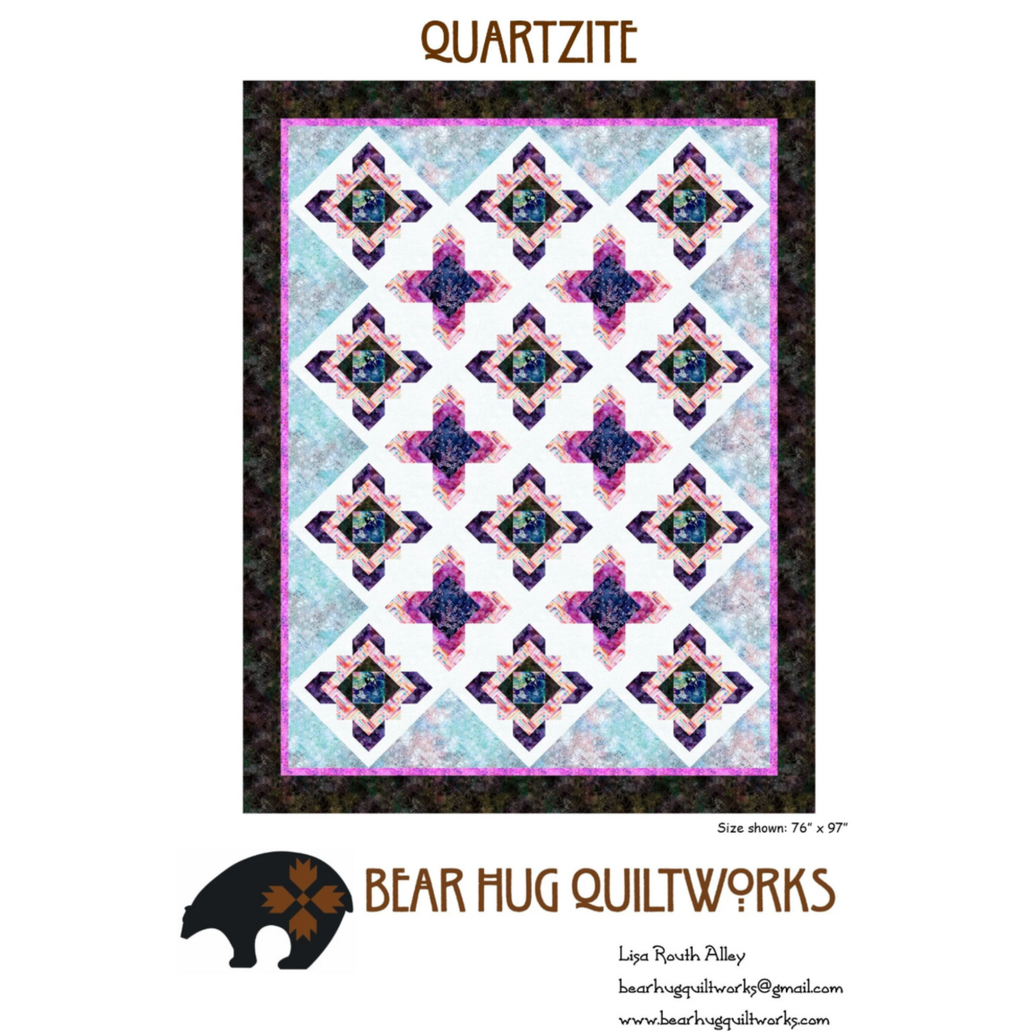 Quilt pattern with geometric design labeled 'Quartzite' by Bear Hug Quiltworks.