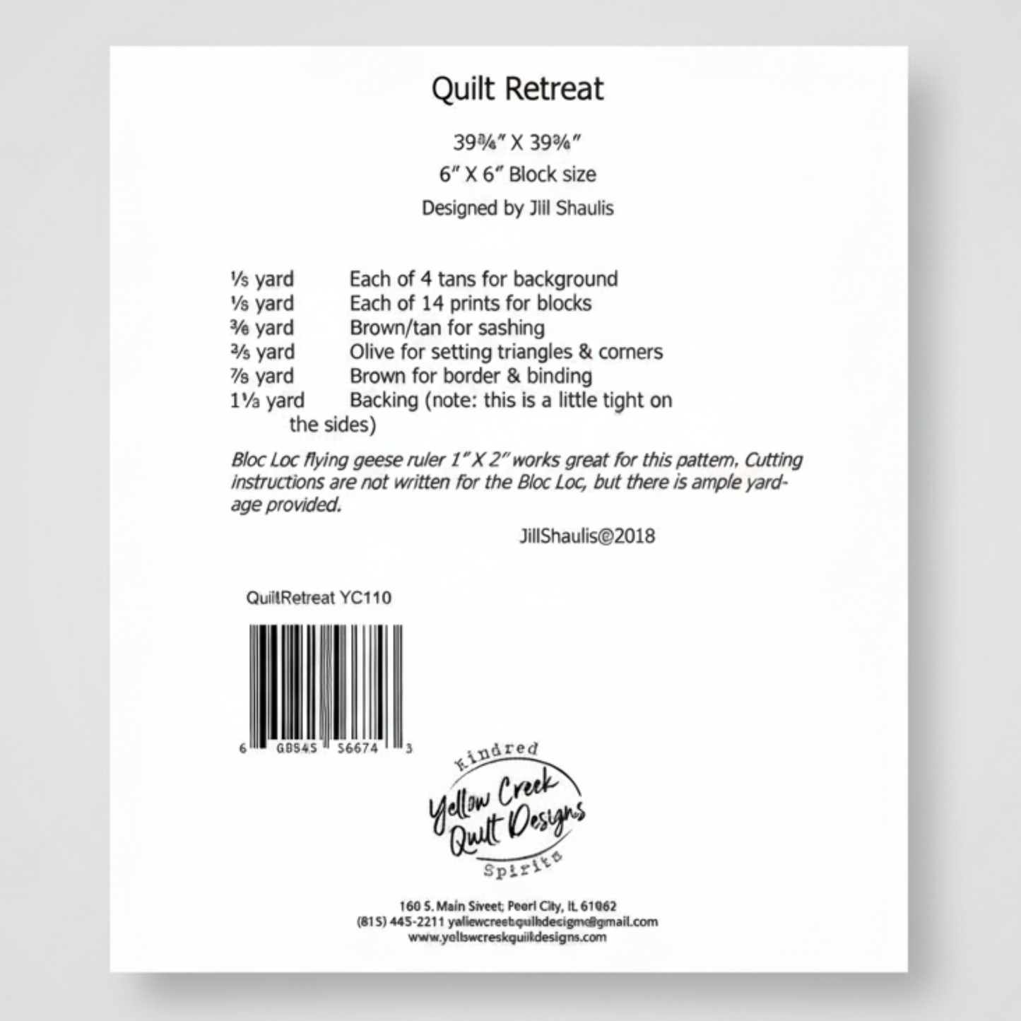 Quilt Retreat label with fabric yardage requirements and design details on a white background