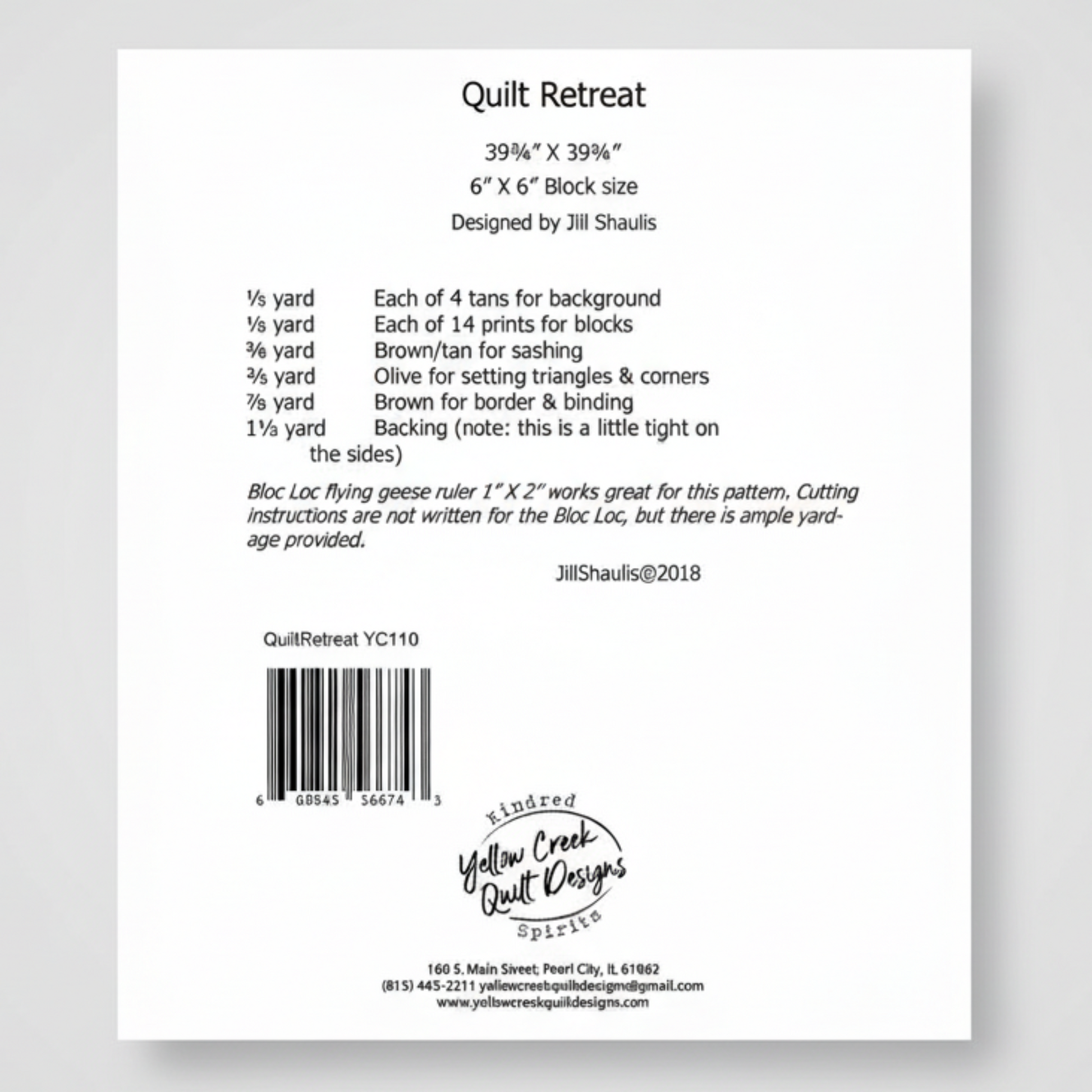 Quilt Retreat label with fabric yardage requirements and design details on a white background