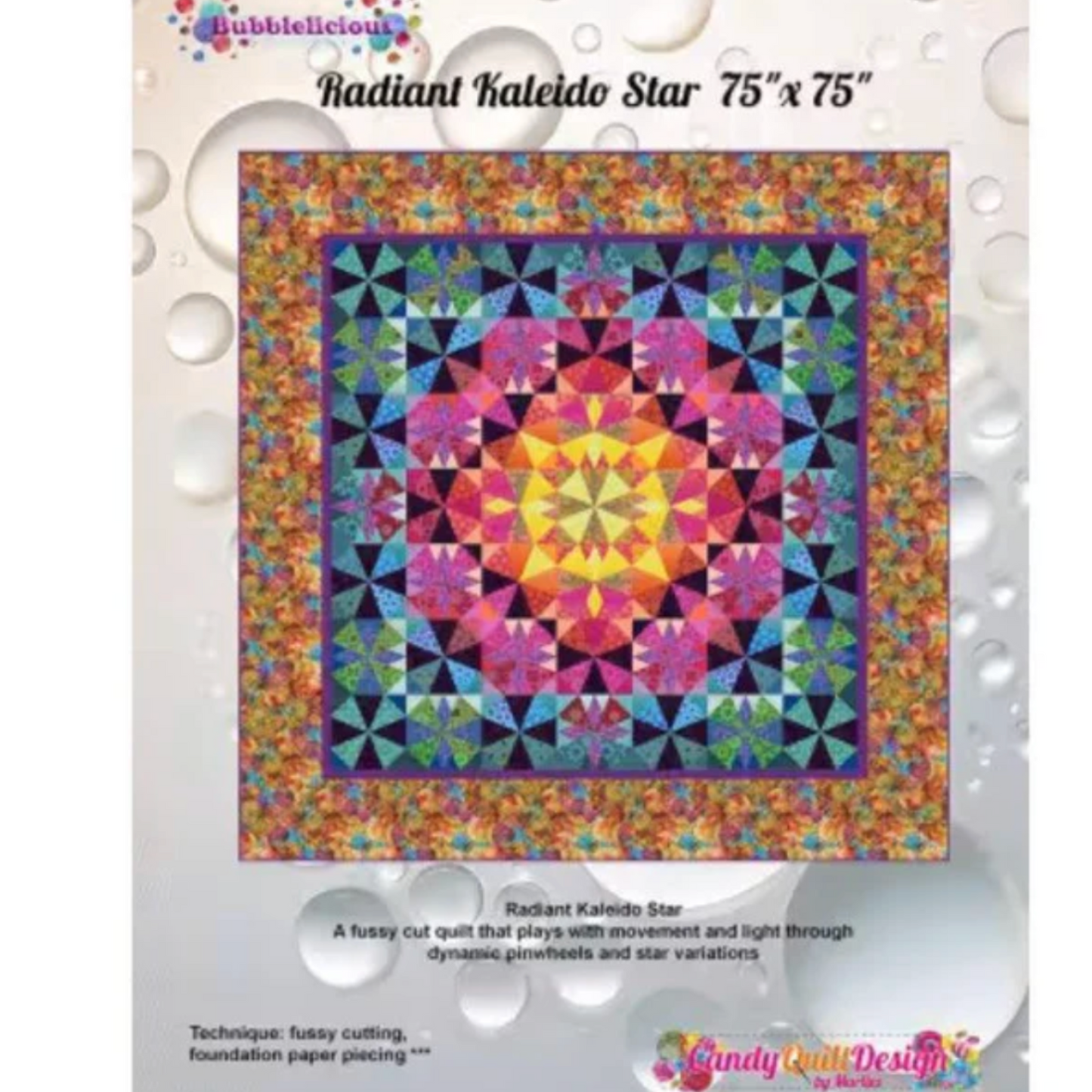 Colorful quilt pattern packaging with 'Radiant Kaleido Star' design on a white background.
