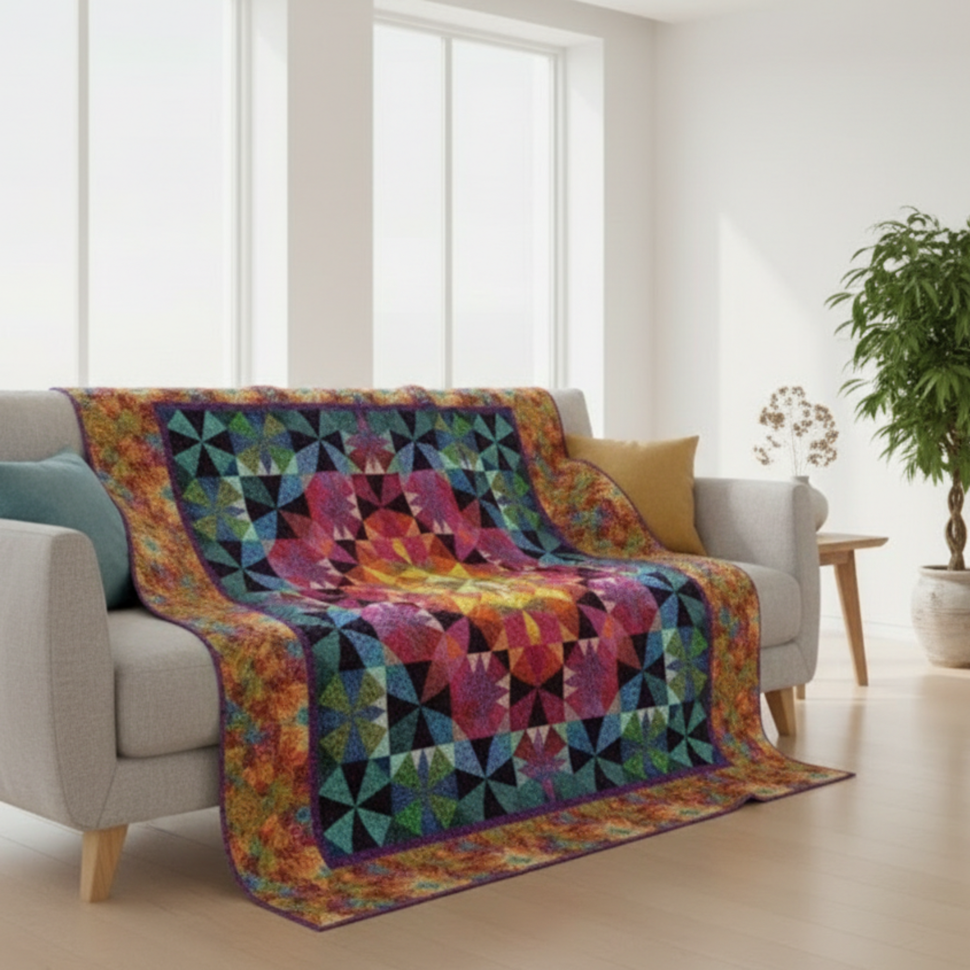 Colorful quilt draped over a sofa in a living room setting
