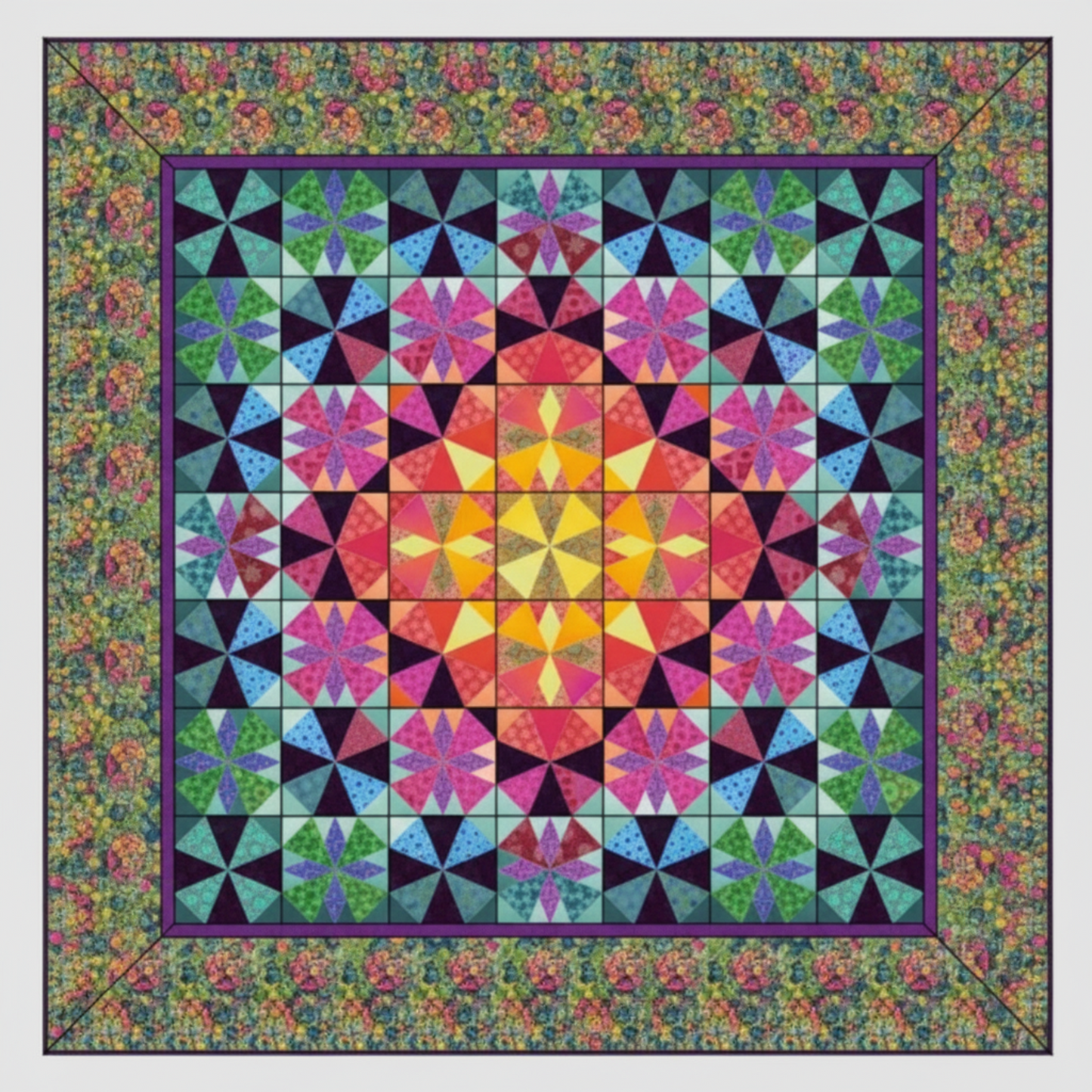 Colorful quilt with geometric pattern on a multicolored border