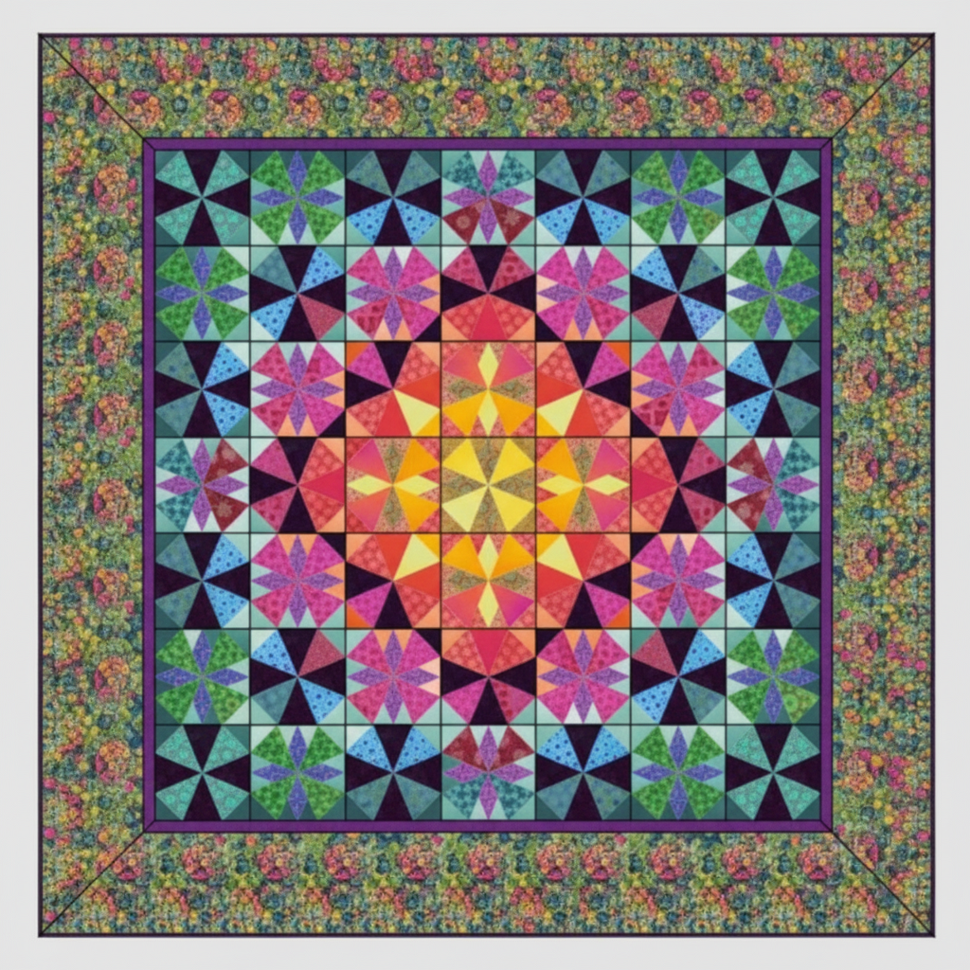 Colorful quilt with geometric pattern on a multicolored border
