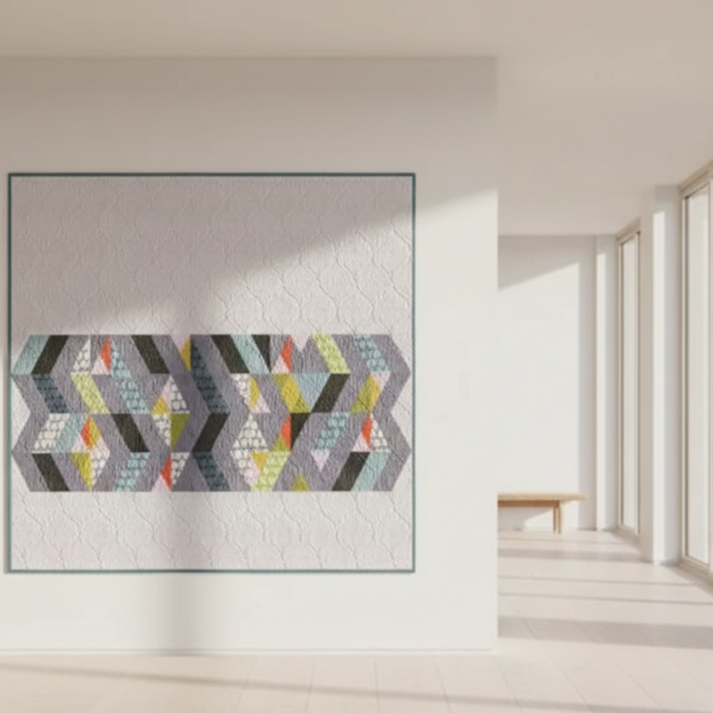 Living room with a blue sofa and abstract wall art, featuring 'Zen Chic' brand.