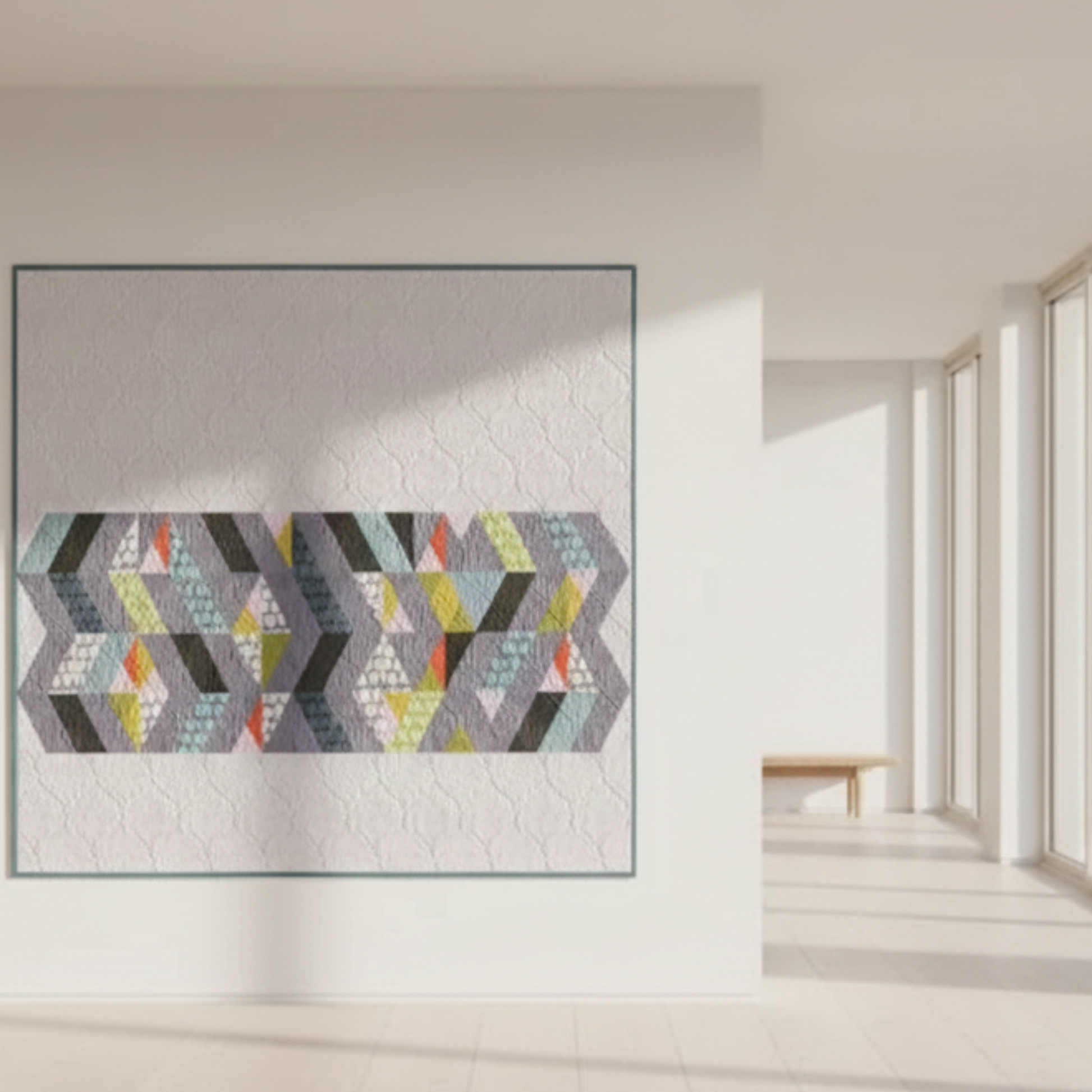 Living room with a blue sofa and abstract wall art, featuring 'Zen Chic' brand.