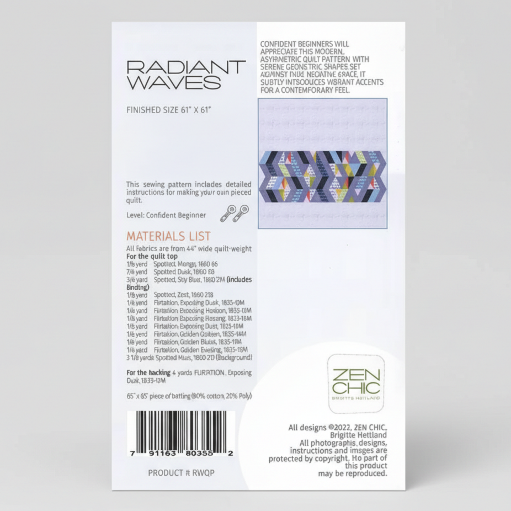 Quilt pattern packaging with 'Radiant Waves' design and Zen Chic branding.