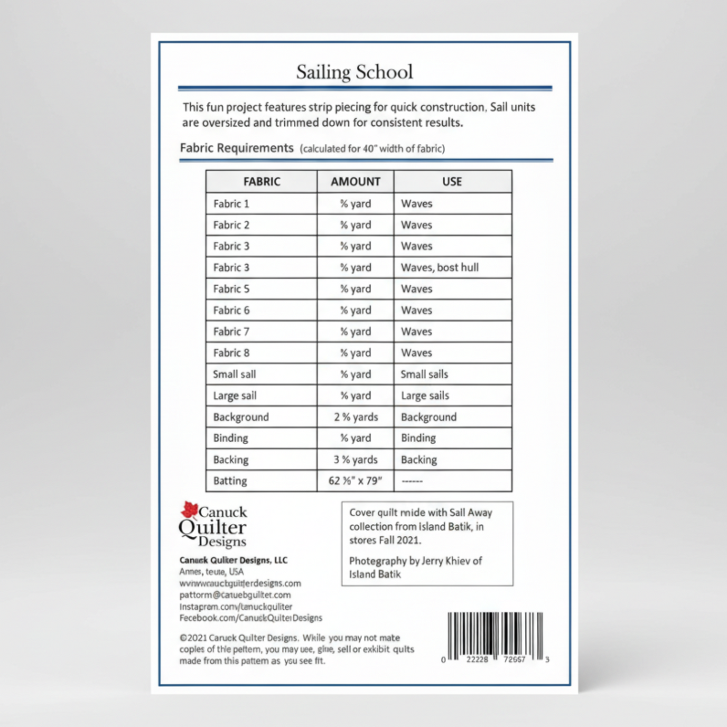Fabric requirements chart for a sewing project titled 'Sailing School' by Canuck Quilter Designs.