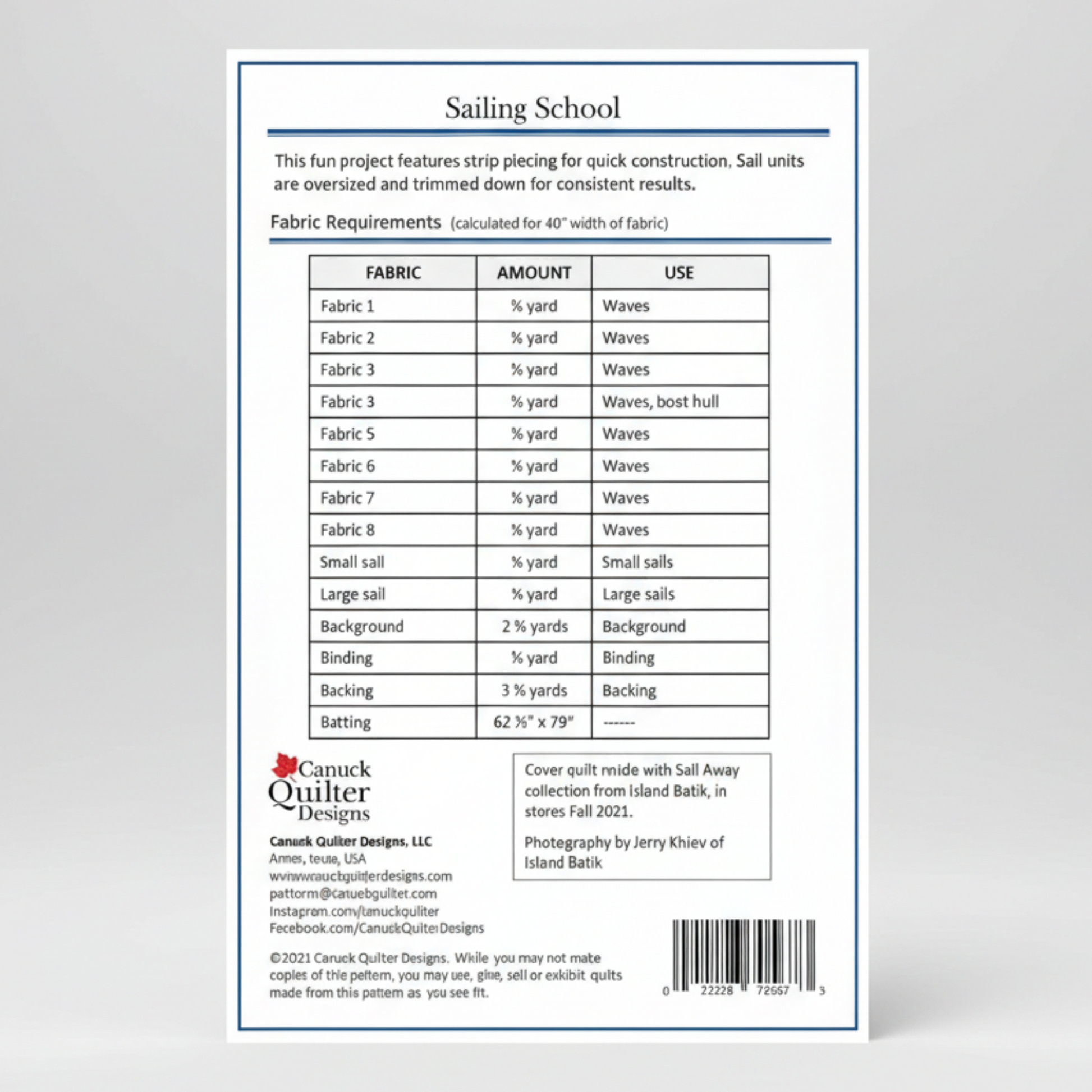 Fabric requirements chart for a sewing project titled 'Sailing School' by Canuck Quilter Designs.