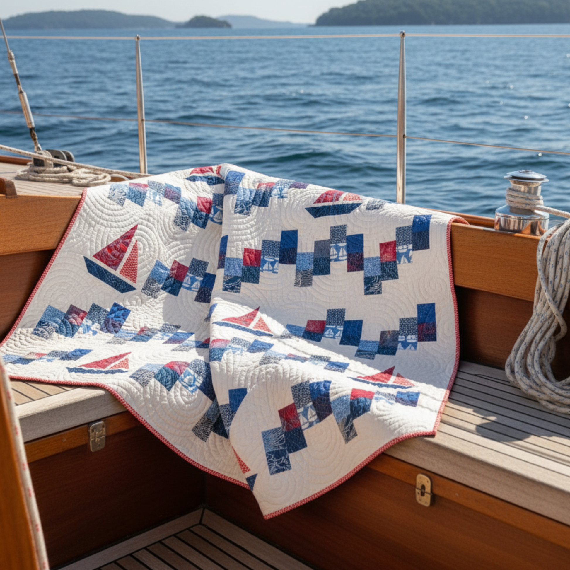 Quilt with sailboat pattern on a white background