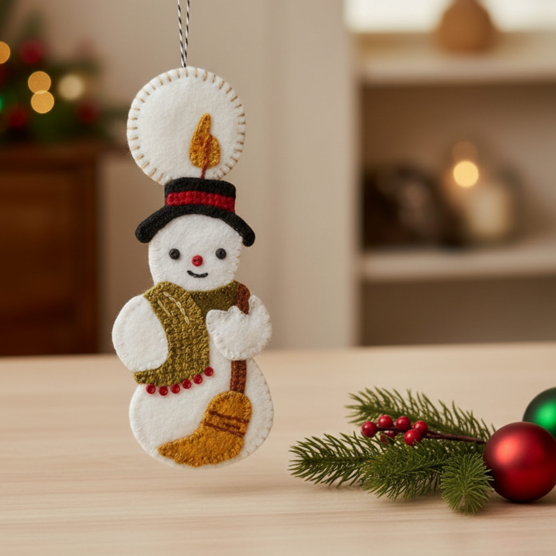Decorative snowman ornament with a broom and hat on a box labeled 'Ornaments'.