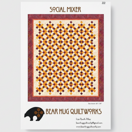 Quilt pattern titled 'Social Mixer' by Bear Hug Quiltworks with geometric diamond pattern.
