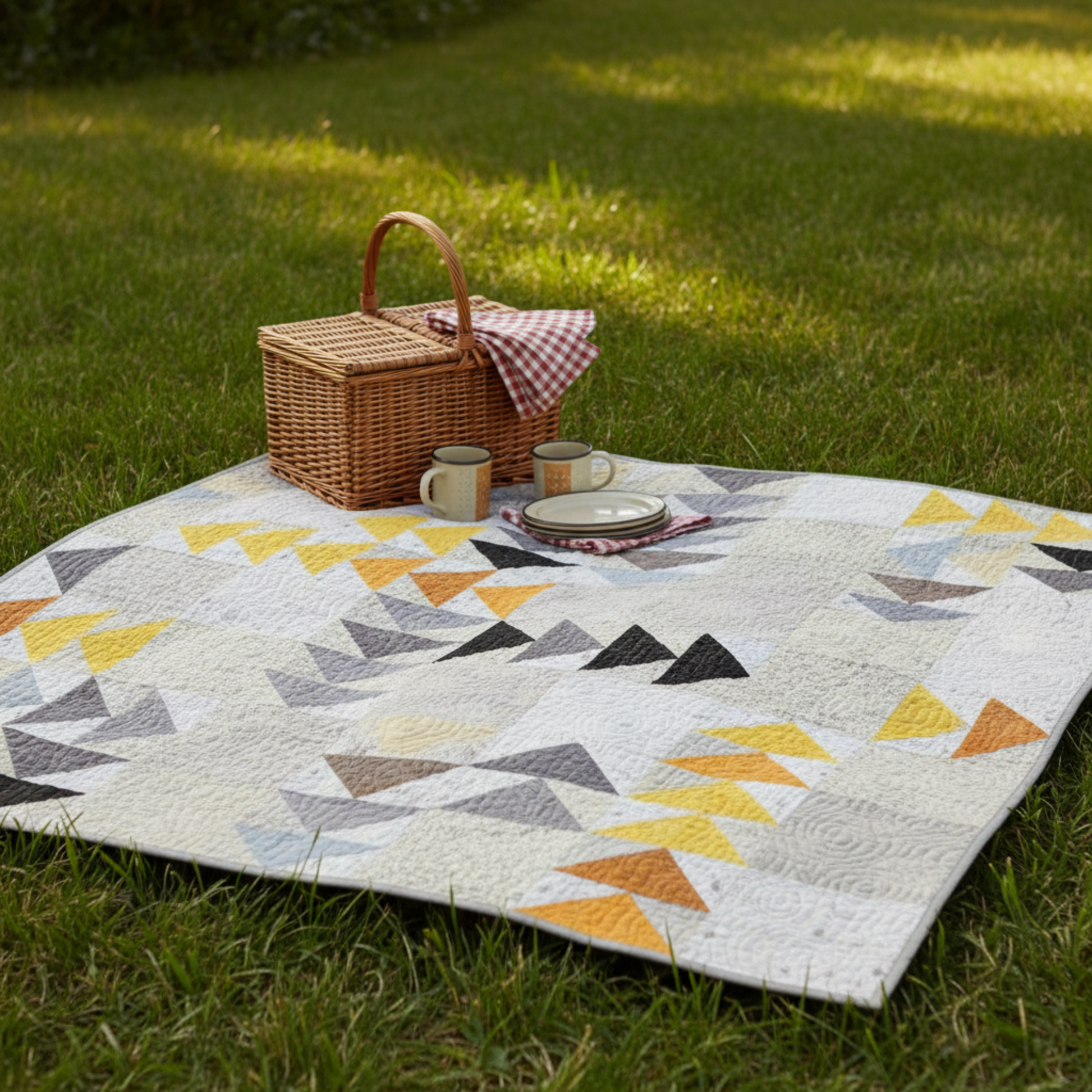 Geometric patterned quilt on a wooden floor with a large window in the background